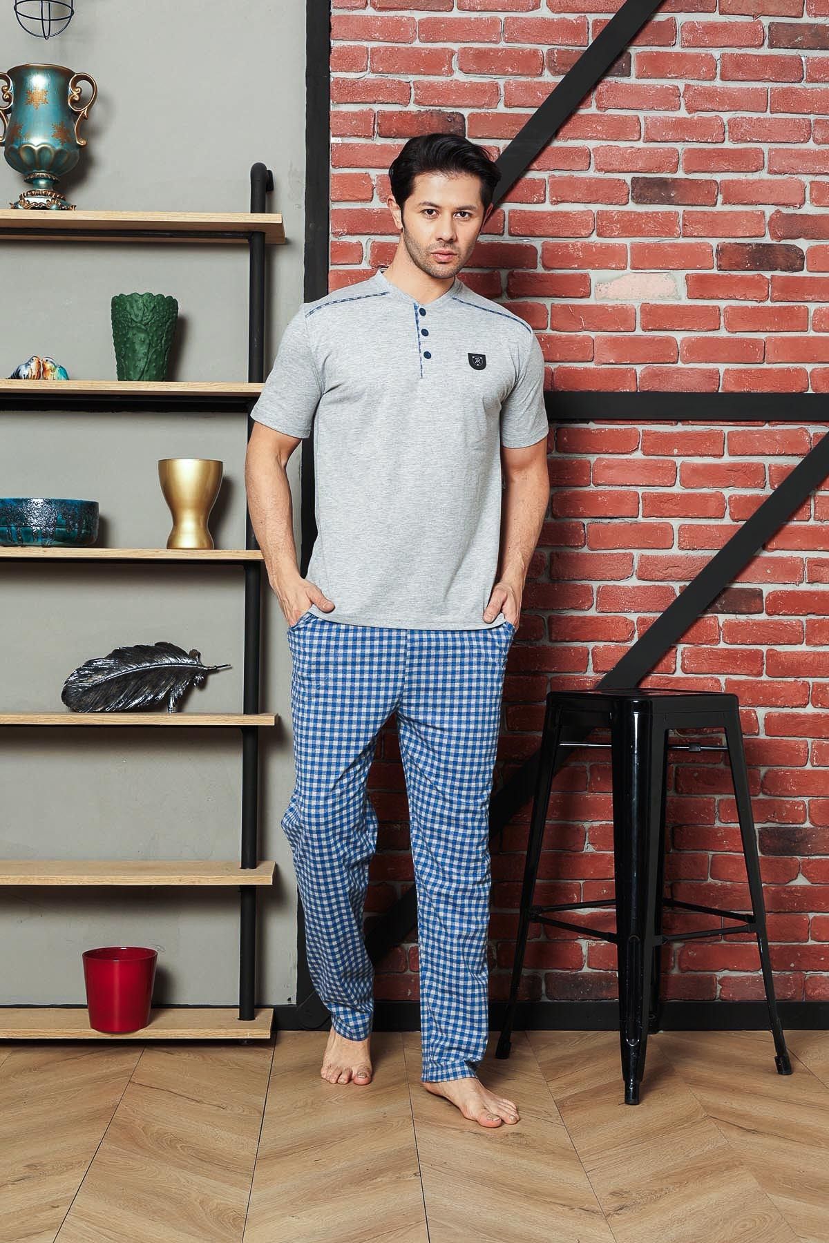 Men's Pajama Set Single Jersey Short Sleeve Summer Shoulder Padded Small Plaid Crested Cotton M58362313