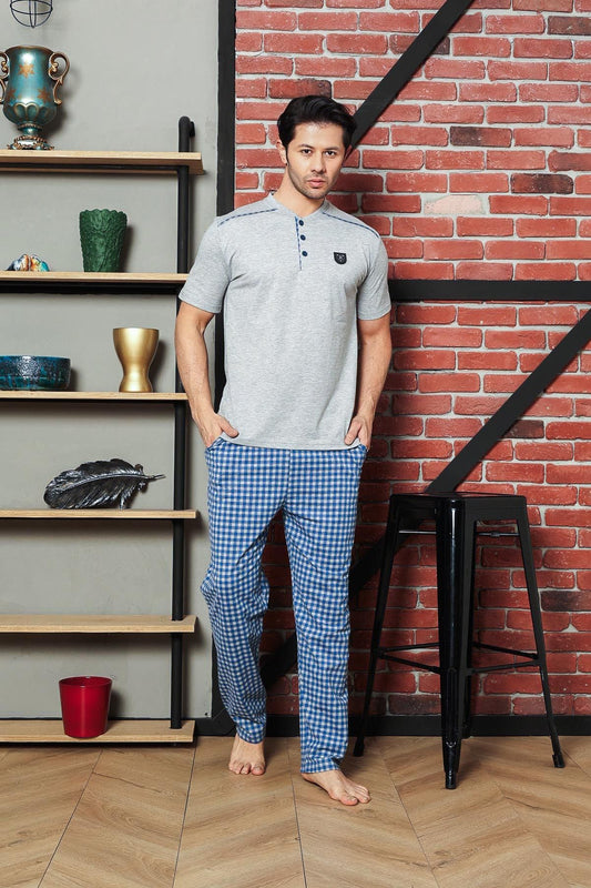 Men's Pajama Set Single Jersey Short Sleeve Summer Shoulder Padded Small Plaid Crested Cotton M58362313