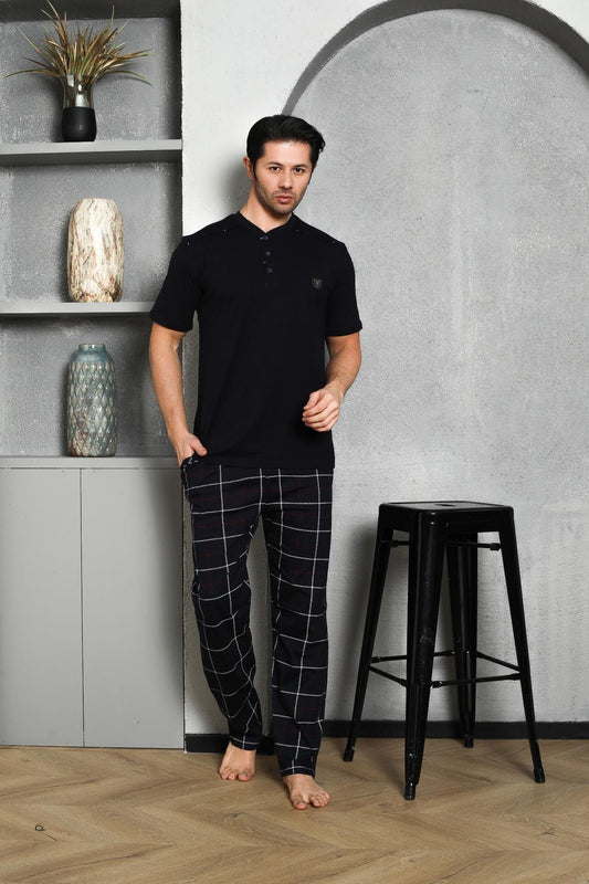 Men's Pajama Set Single Jersey Short Sleeve Short Sleeve Plaid Shoulder Padded Crest Cotton M58342319