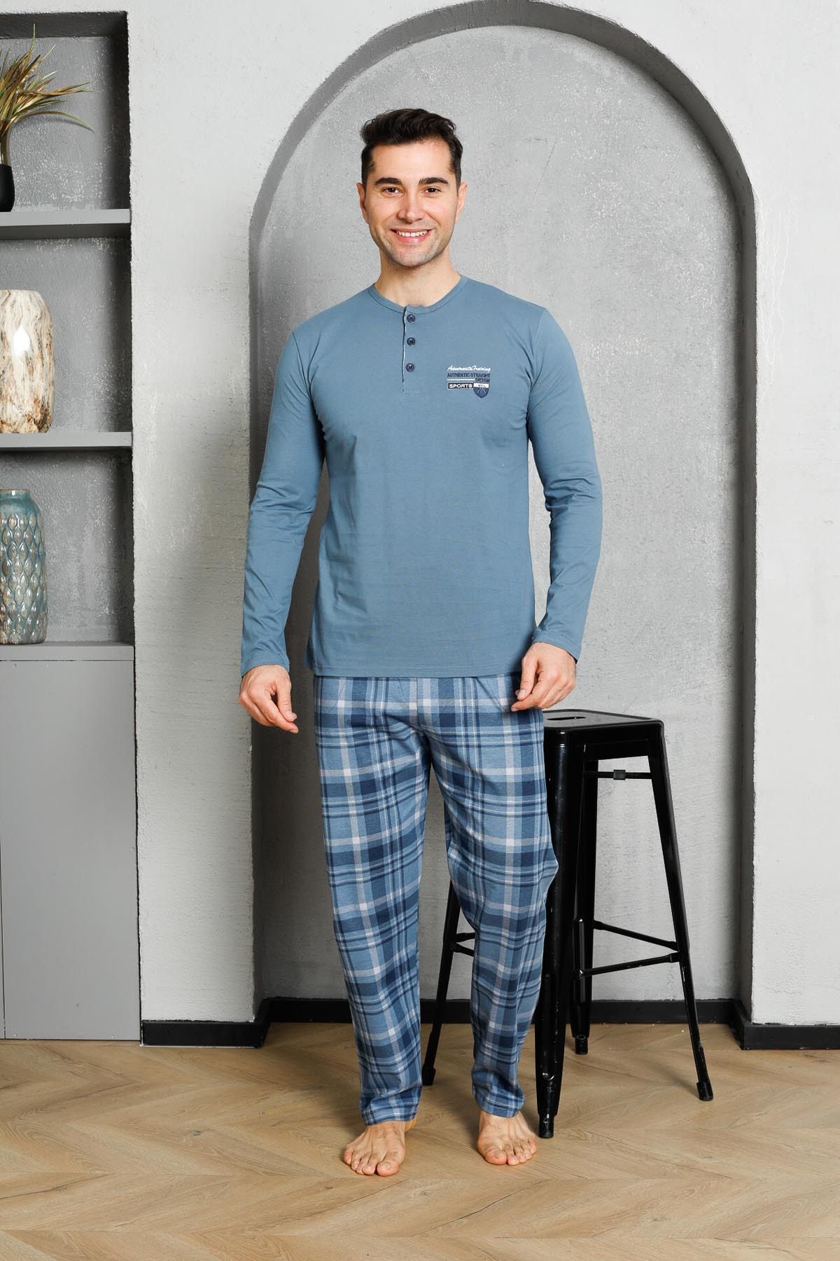 Men's Pajama Set Long Sleeves Big Plaid Button Down Collar Cotton M58372320