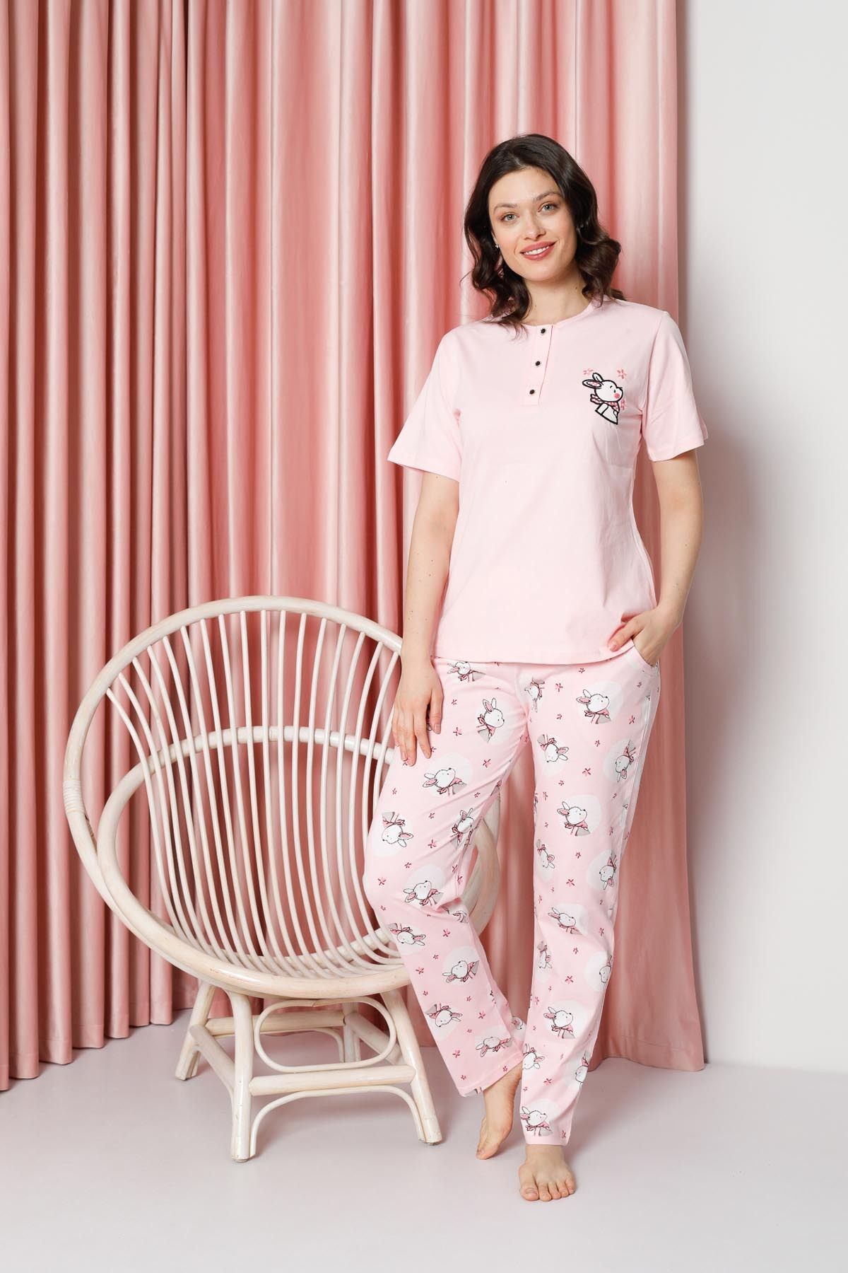 Women's Pajama Set Short Sleeve Rabbit Print Cotton Single Jersey W20642317