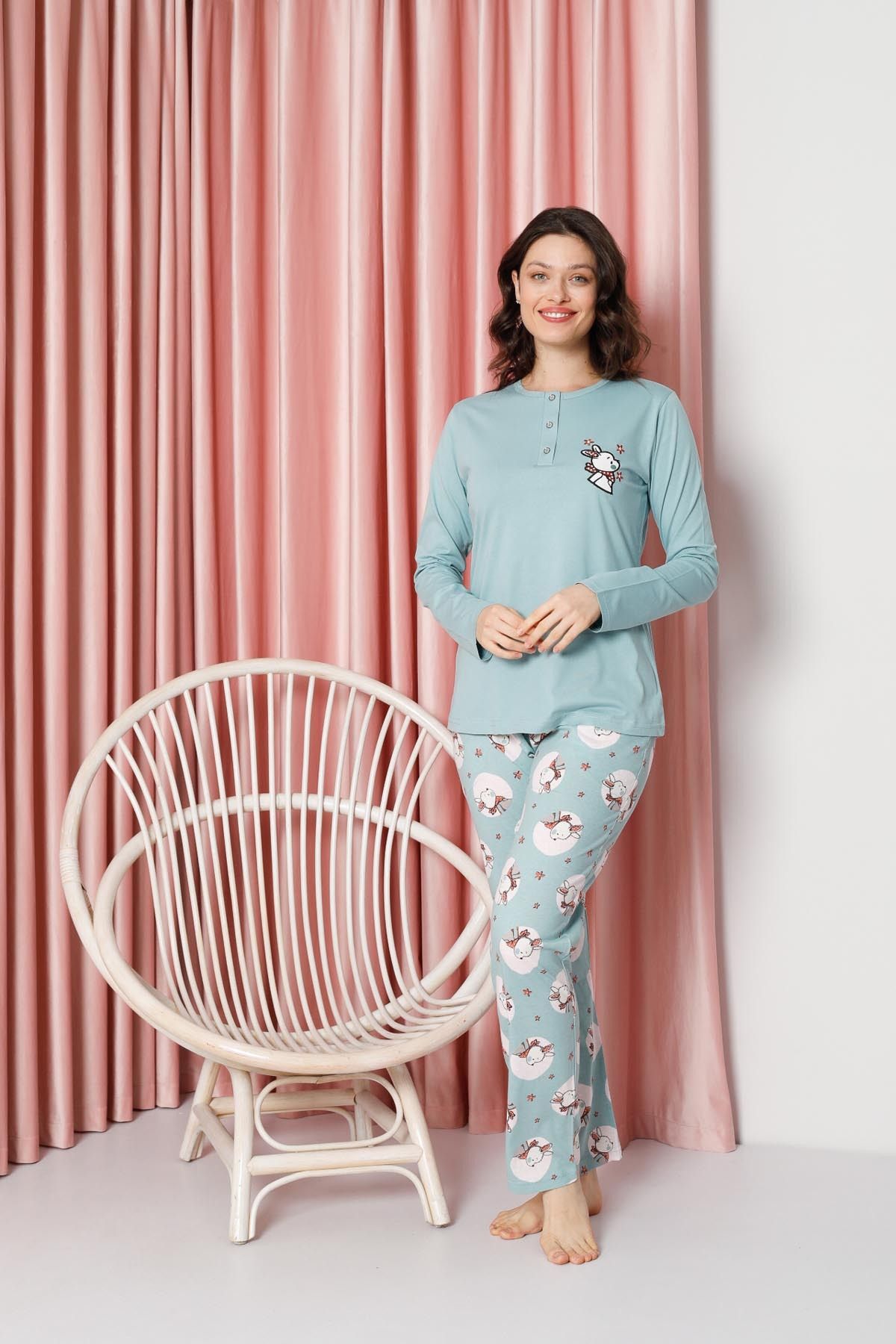 Women's Pajama Set Long Sleeve Rabbit Print Cotton Single Jersey W20632316