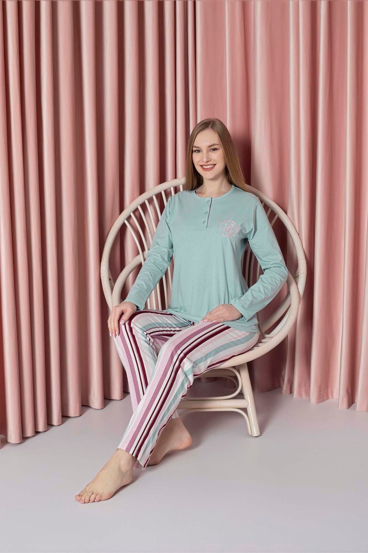 Women's Pajama Set Single Jersey Long Sleeve Bottom Stripe Chest Embroidery Cotton W20712327