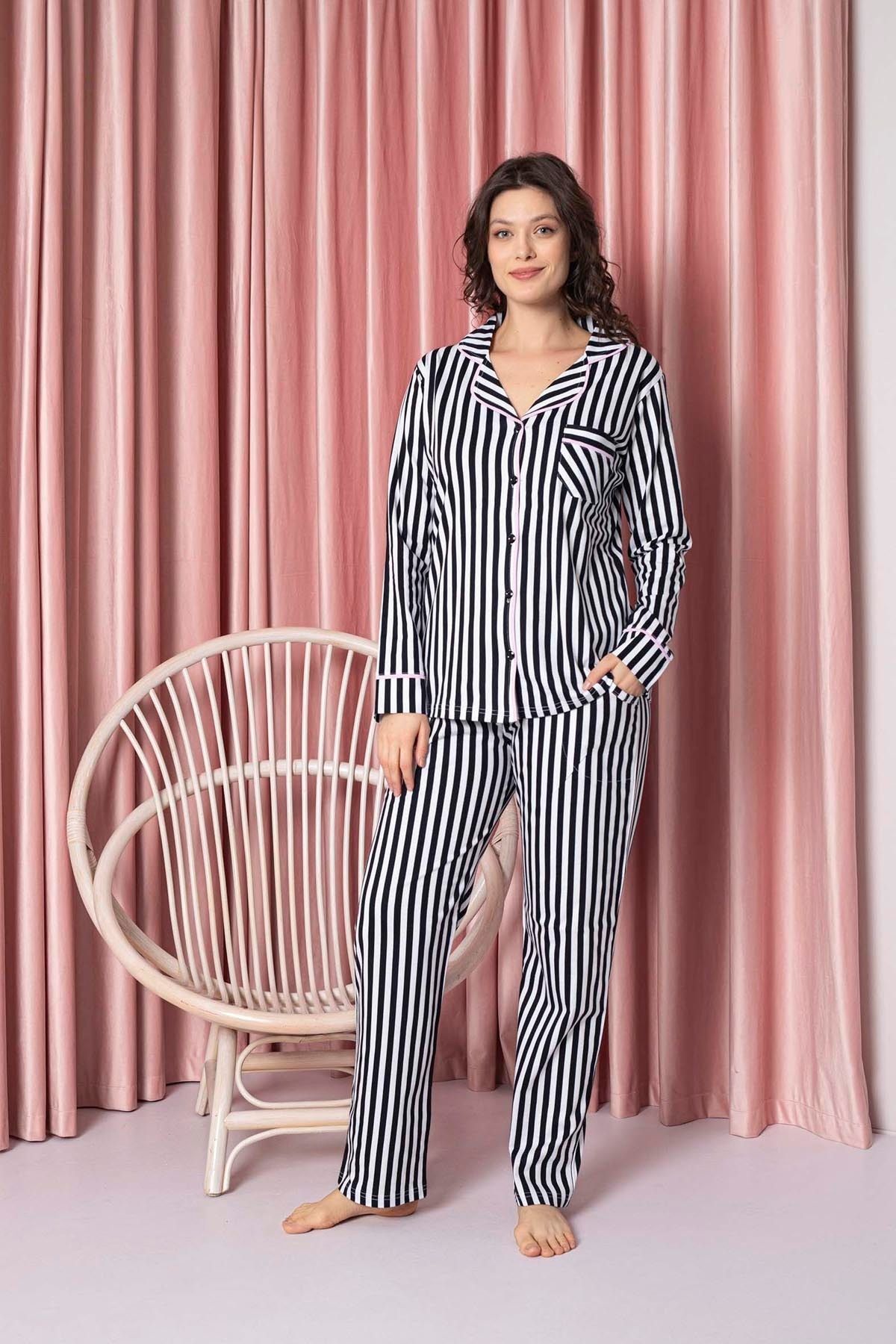 Women's Pajama Set Single Jersey Long Neck Striped Baby Collar Neck Button Cotton Seasonal W20592298