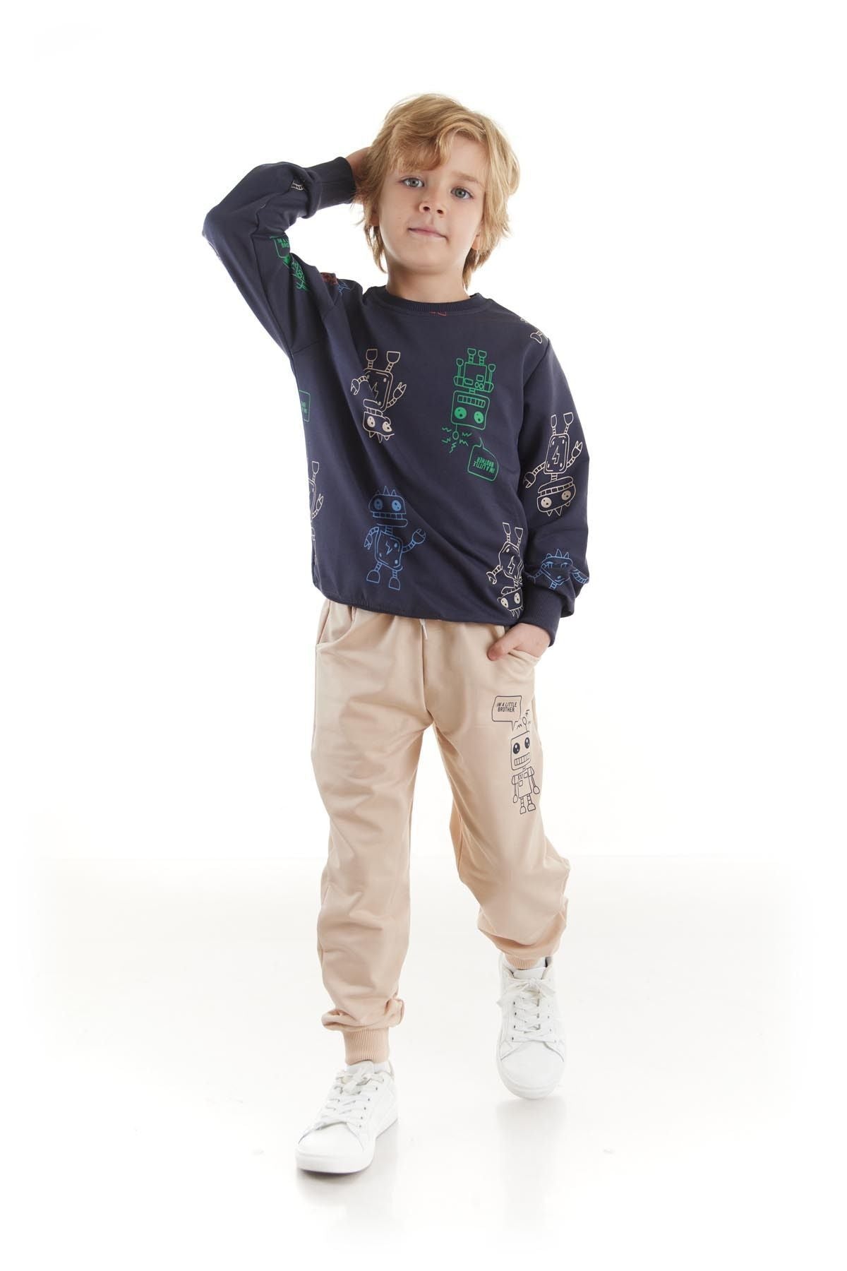 Kids Boys Tracksuit Set Robot Printed Bottom Top Double Set Cotton Seasonal Ak2506