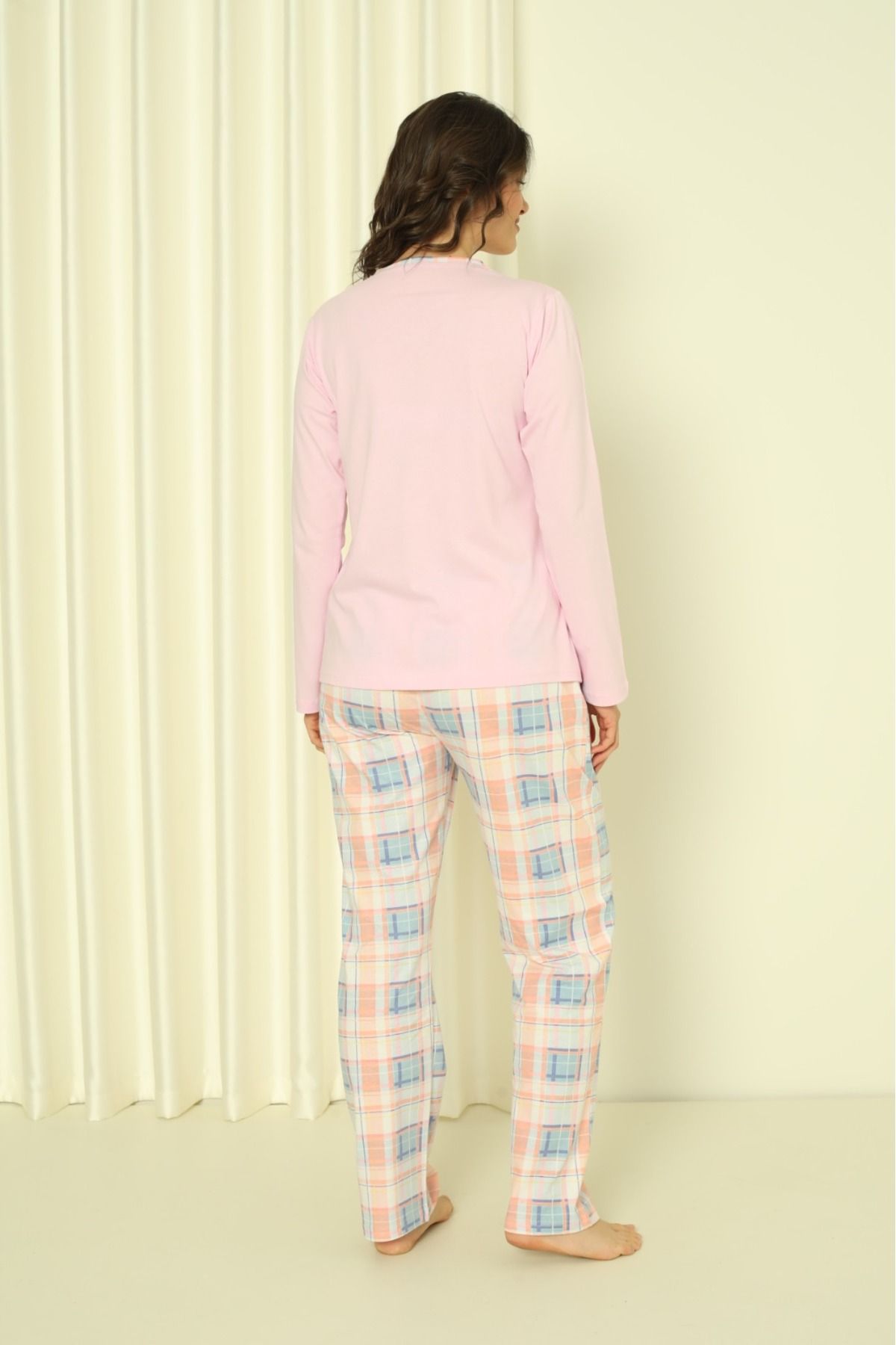 Women's Pajama Set Single Jersey Long Sleeve Under Sleeve Plaid Cotton Seasonal W20302244