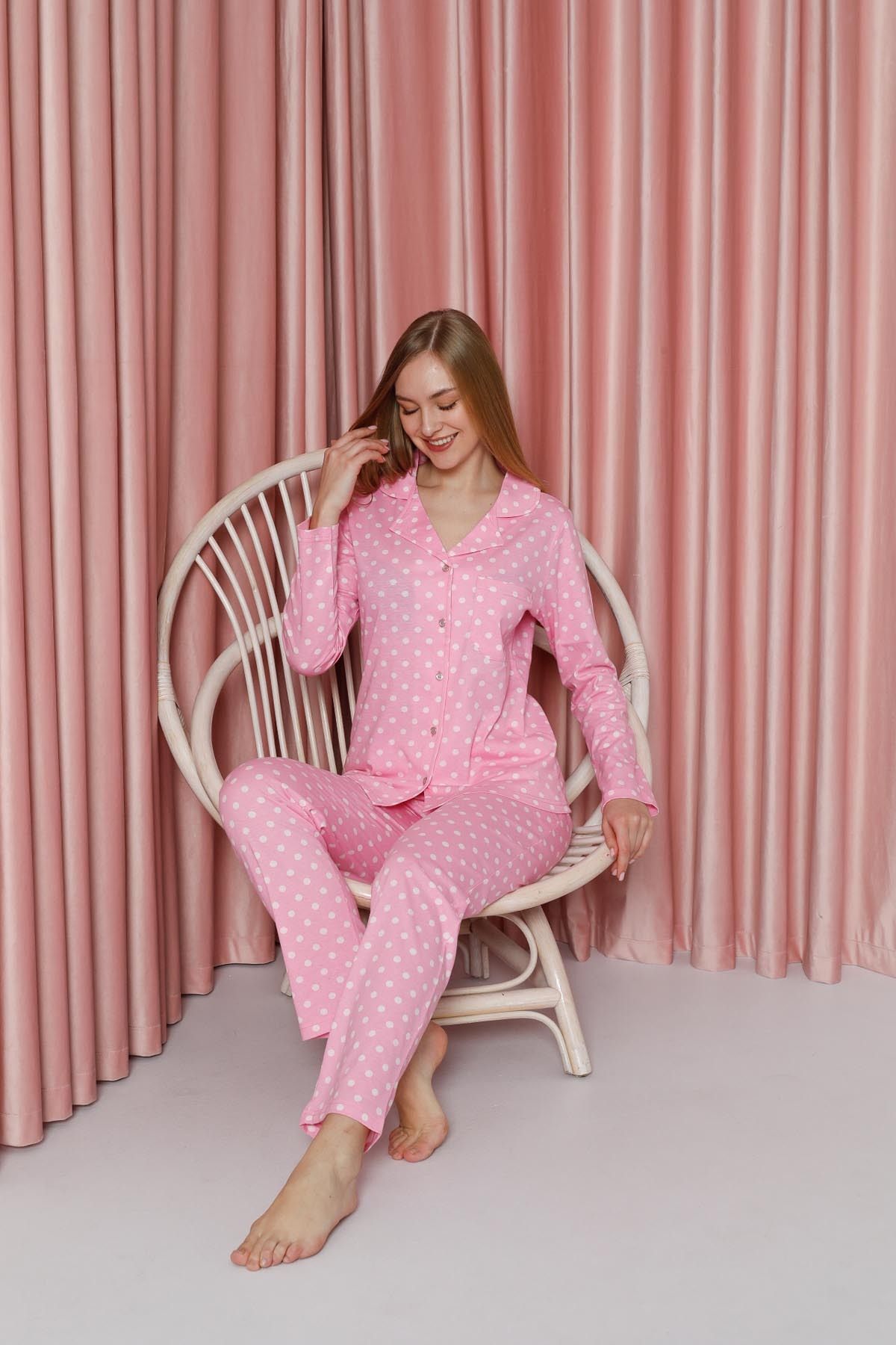 Women's Pajama Set Single Jersey Long Sleeve Polka Dot Neck Button Pockets Cotton Seasonal W20612304