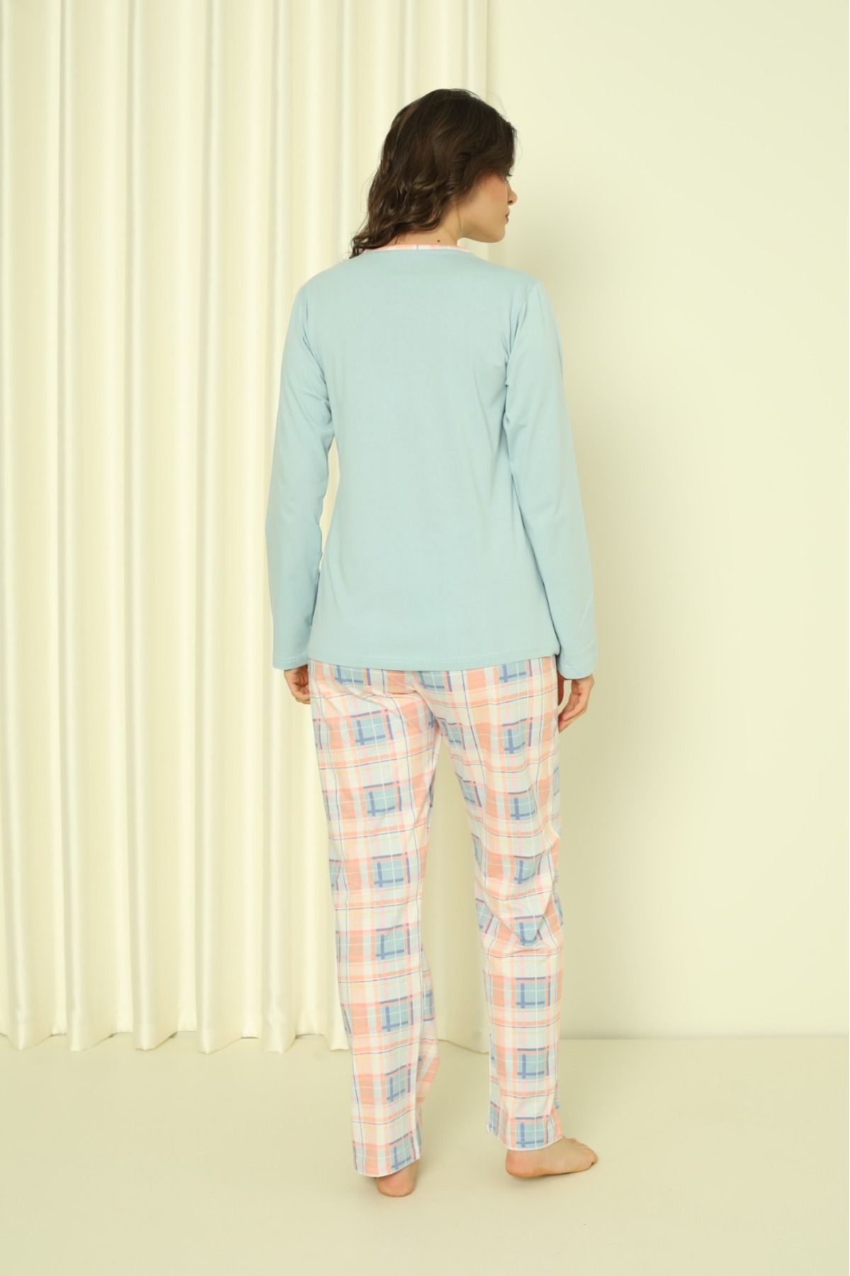 Women's Pajama Set Single Jersey Long Sleeve Under Sleeve Plaid Cotton Seasonal W20302244