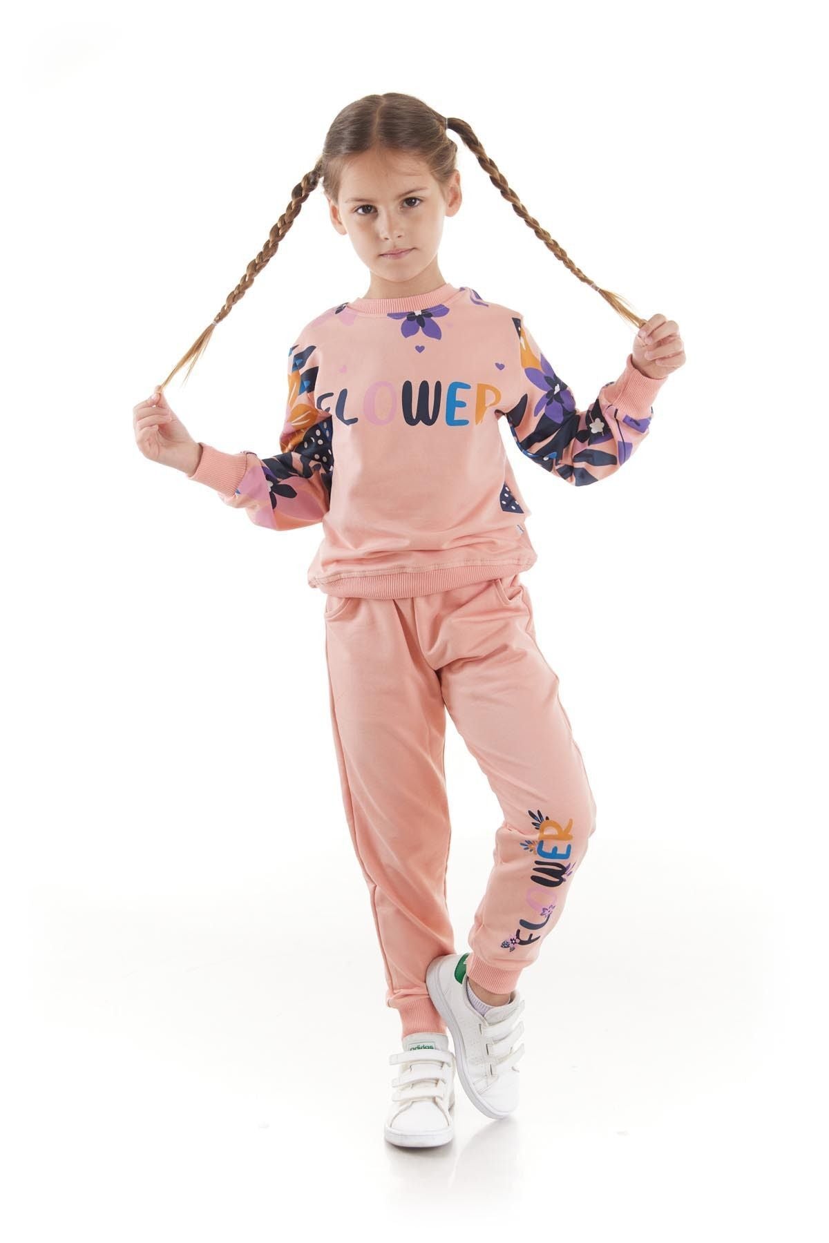 Girl's Tracksuit Set Flower Printed Bottom Top Double Set Cotton Seasonal Ak2505