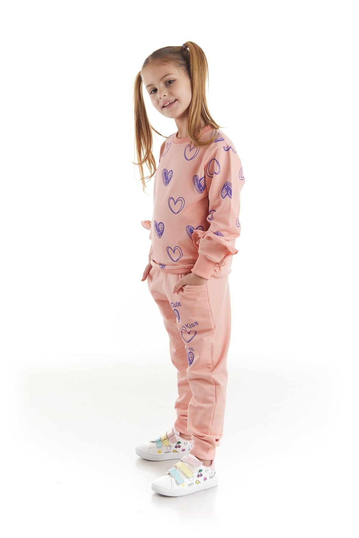 Kids Girls Tracksuit Set Heart Printed Bottom Top Two Piece Set Cotton Seasonal Ak2503