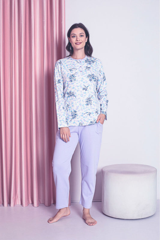 Women's Pajama Set Mother Interlock Three Button Top Floral Pattern Cotton Seasonal W30032258