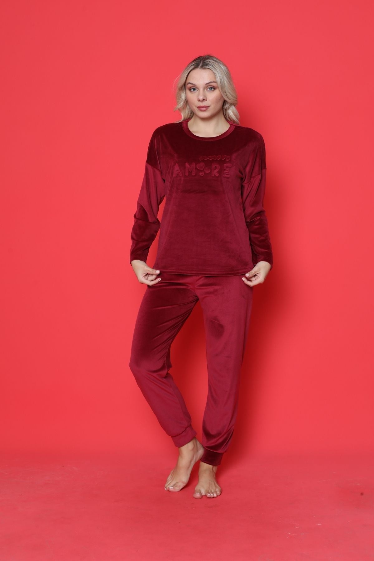 Young Women Pajama Set French Velvet Amore Printed Spade Cuff Winter Seasonal W20432250