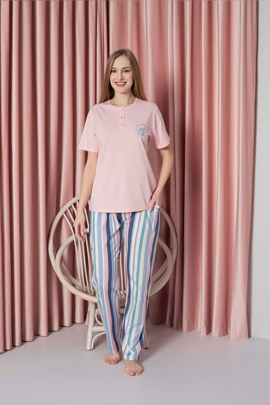 Women's Pajama Set Single Jersey Short Sleeve Bottom Striped Chest Embroidery Cotton W20722328