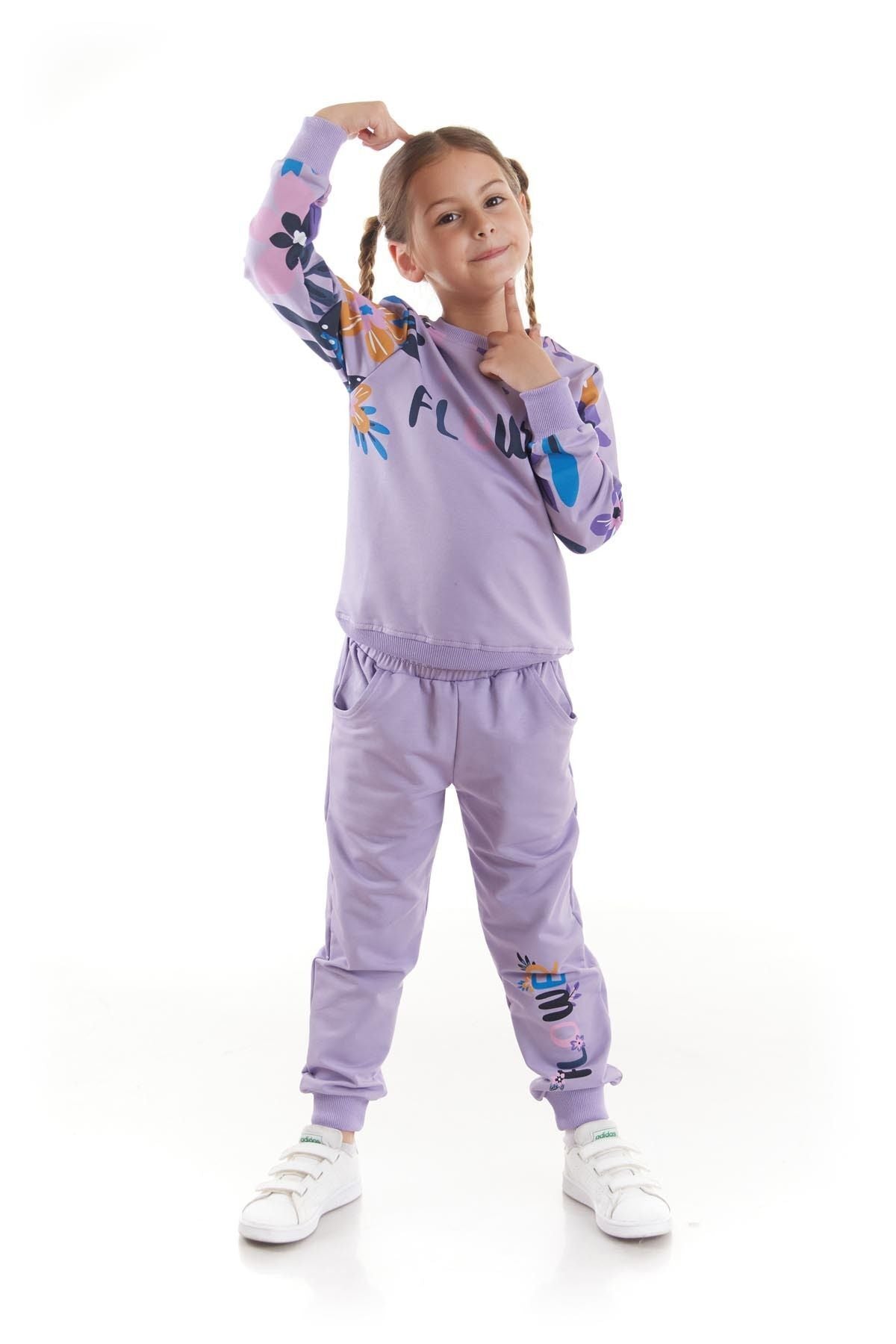 Girl's Tracksuit Set Flower Printed Bottom Top Double Set Cotton Seasonal Ak2505