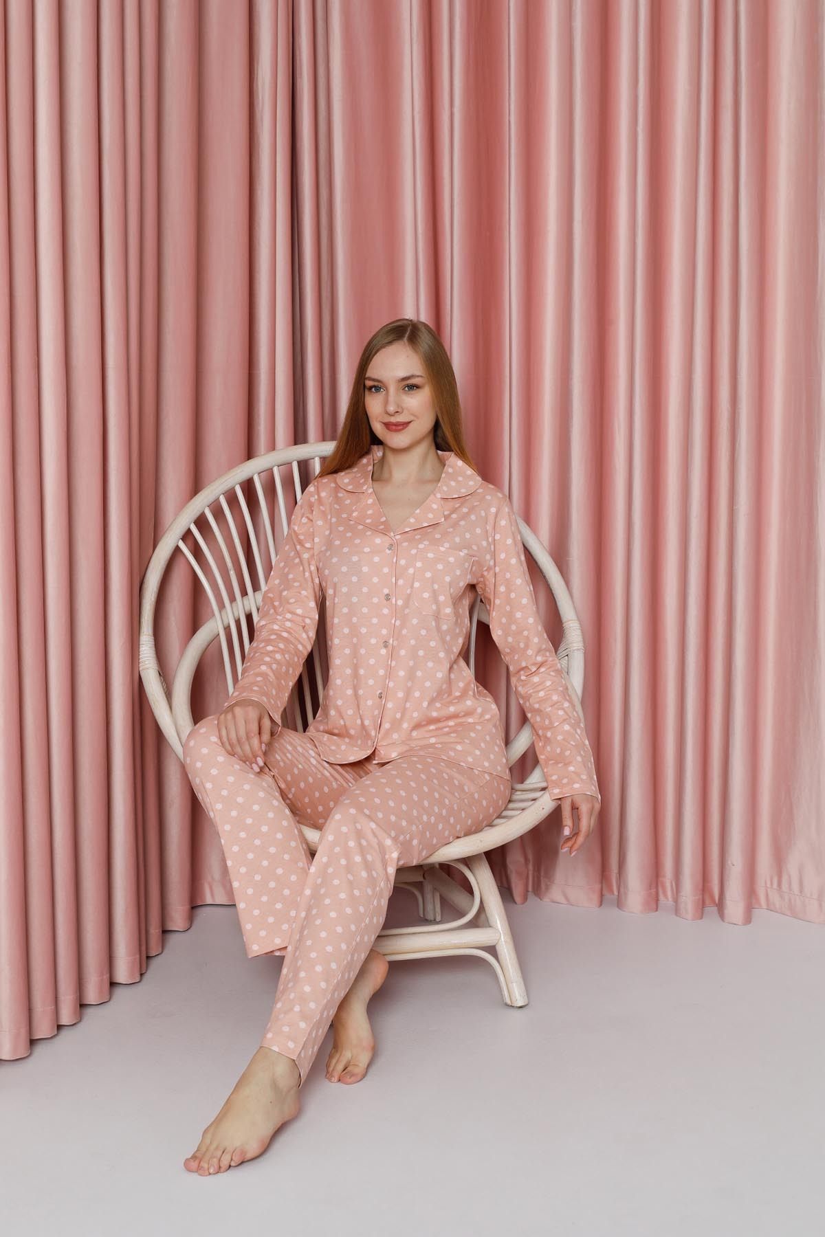 Women's Pajama Set Single Jersey Long Sleeve Polka Dot Neck Button Pockets Cotton Seasonal W20612304