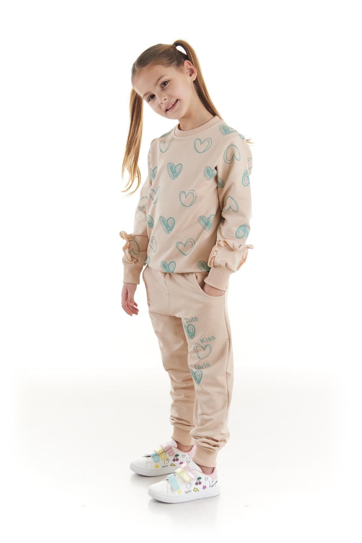 Kids Girls Tracksuit Set Heart Printed Bottom Top Two Piece Set Cotton Seasonal Ak2503