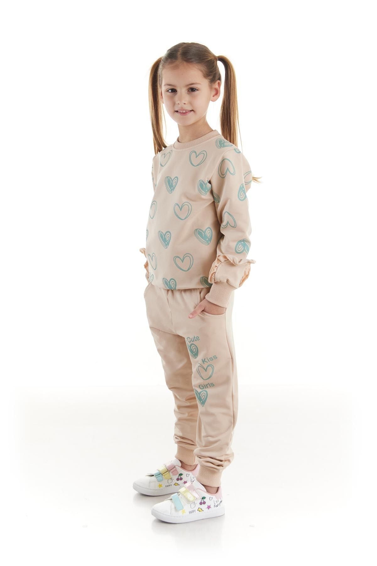 Kids Girls Tracksuit Set Heart Printed Bottom Top Two Piece Set Cotton Seasonal Ak2503