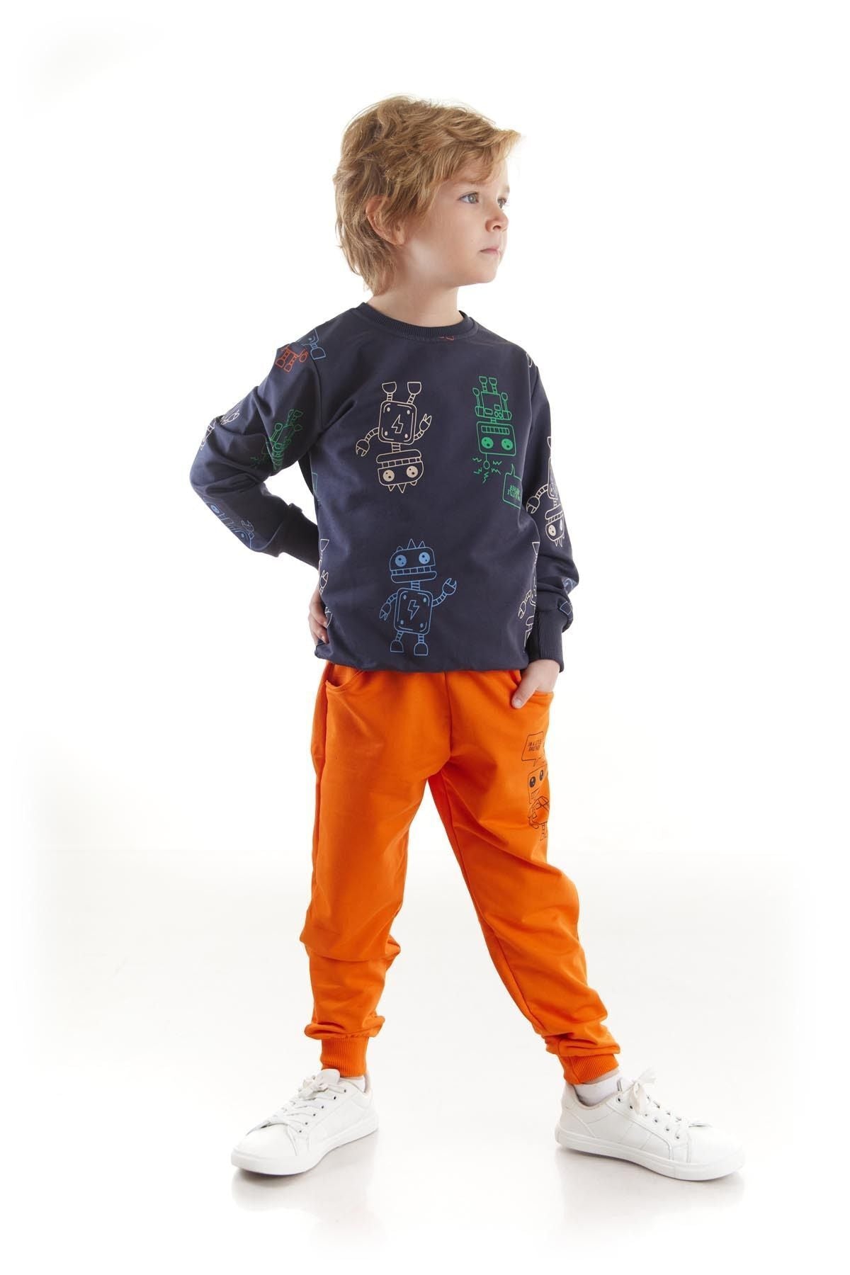 Kids Boys Tracksuit Set Robot Printed Bottom Top Double Set Cotton Seasonal Ak2506