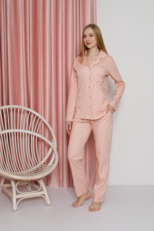 Women's Pajama Set Single Jersey Long Sleeve Polka Dot Neck Button Pockets Cotton Seasonal W20612304