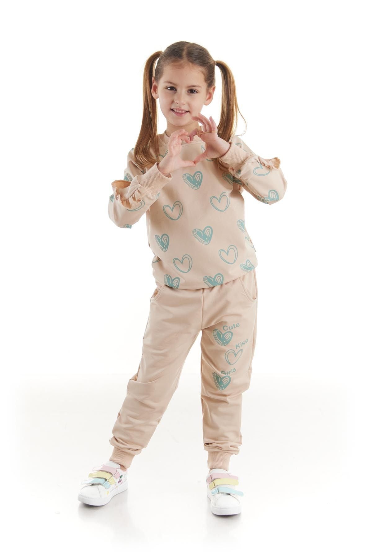 Kids Girls Tracksuit Set Heart Printed Bottom Top Two Piece Set Cotton Seasonal Ak2503