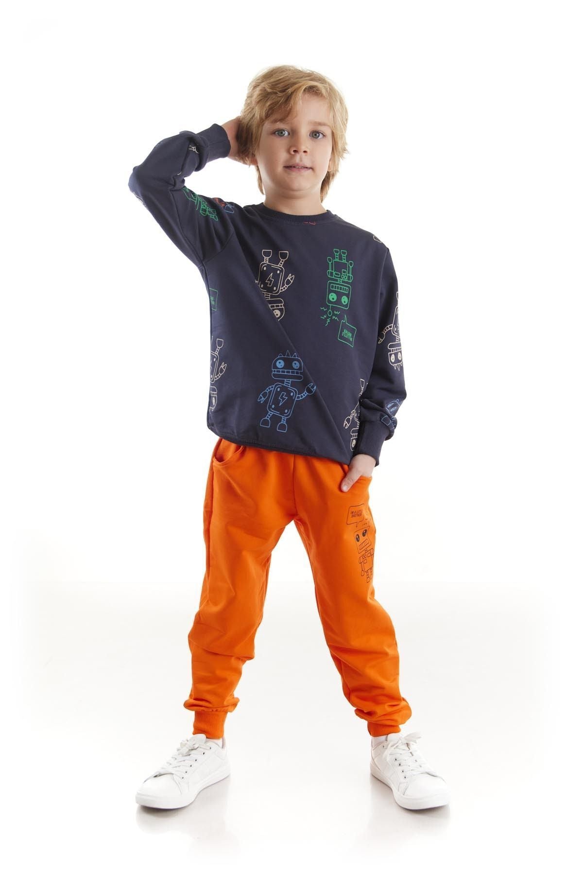 Kids Boys Tracksuit Set Robot Printed Bottom Top Double Set Cotton Seasonal Ak2506