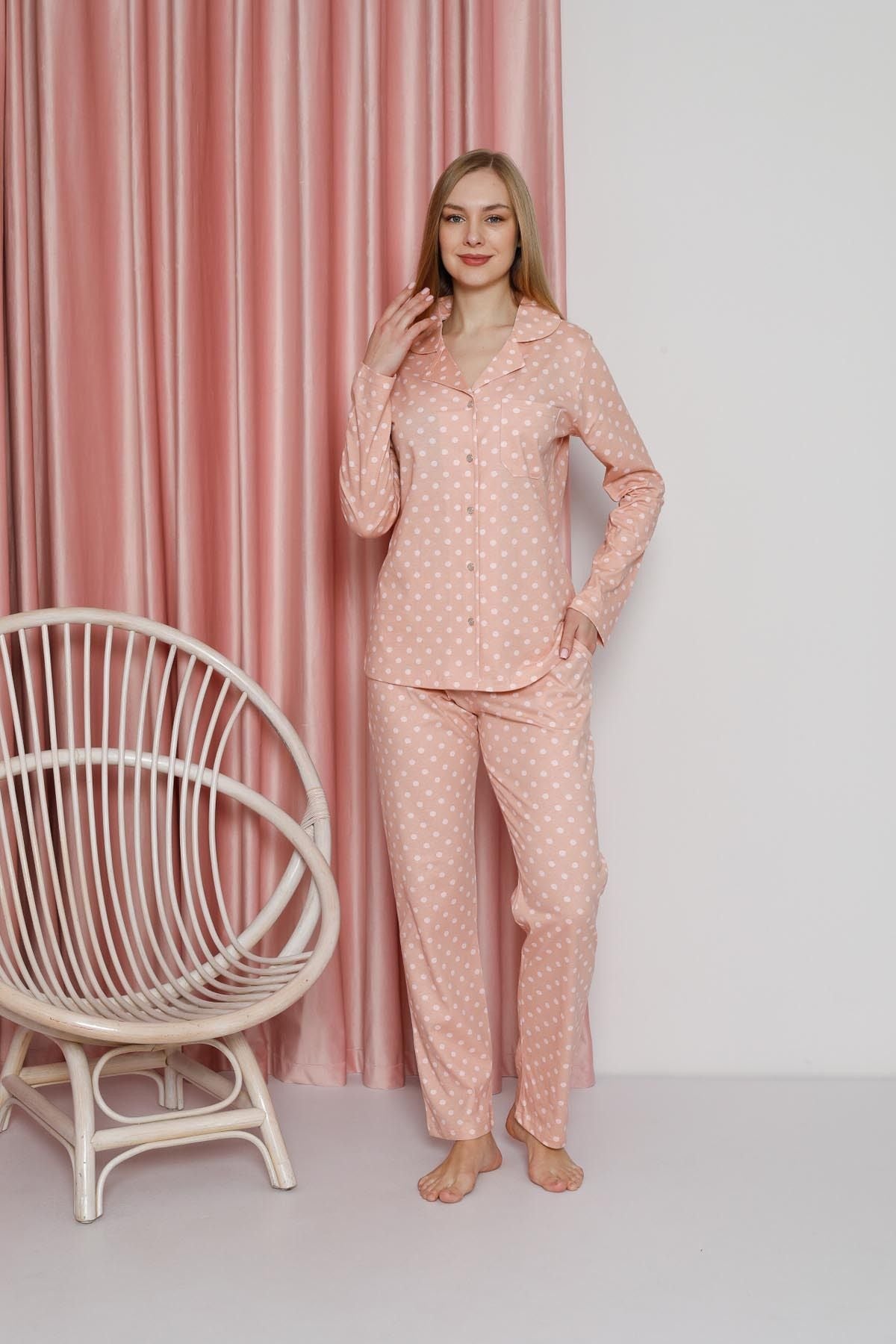 Women's Pajama Set Single Jersey Long Sleeve Polka Dot Neck Button Pockets Cotton Seasonal W20612304