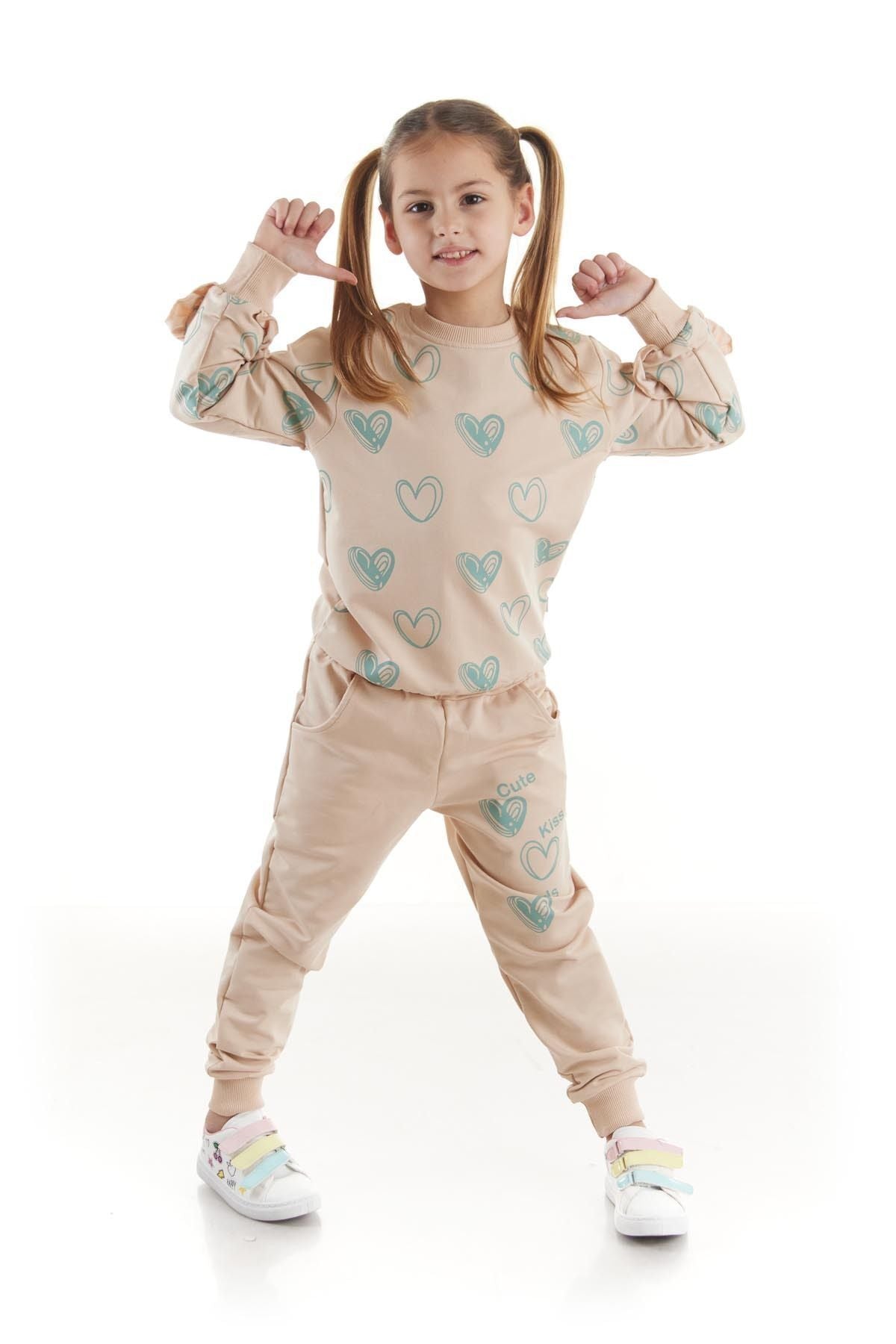 Kids Girls Tracksuit Set Heart Printed Bottom Top Two Piece Set Cotton Seasonal Ak2503