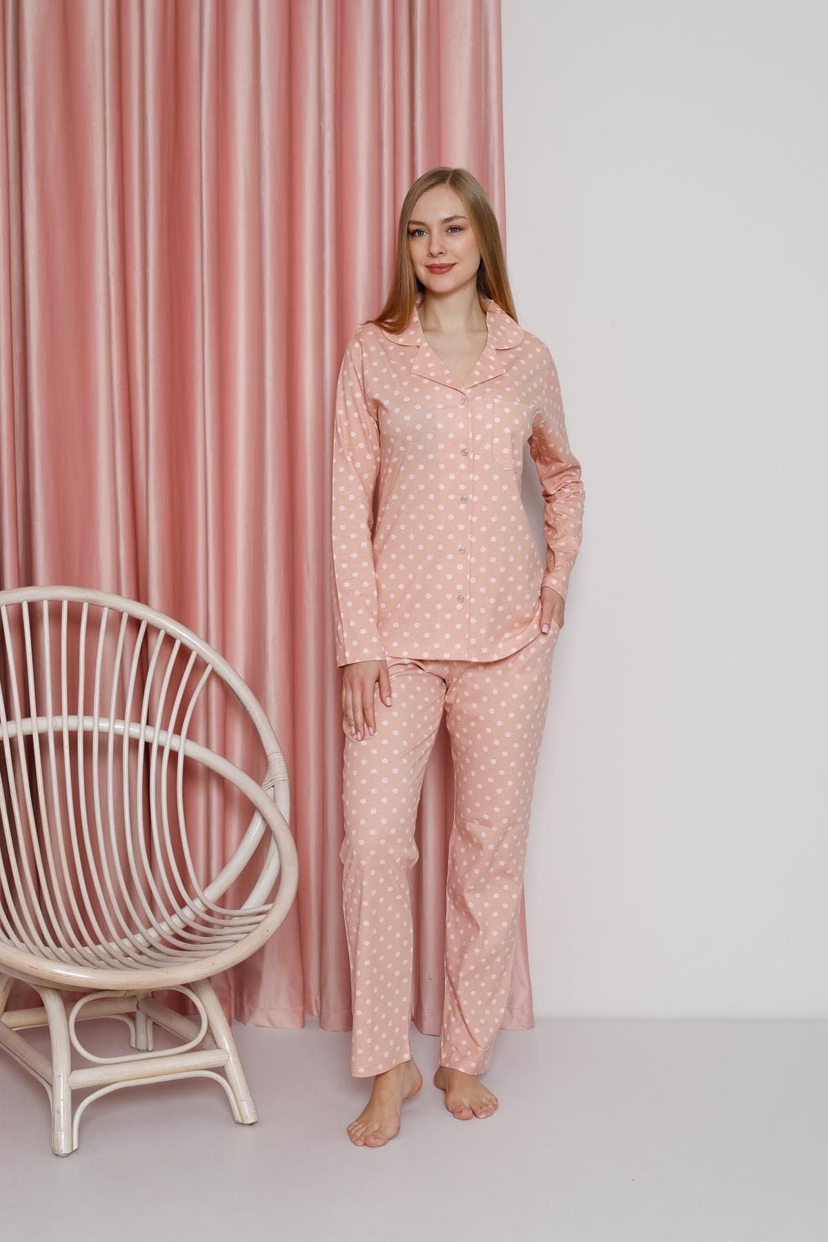 Women's Pajama Set Single Jersey Long Sleeve Polka Dot Neck Button Pockets Cotton Seasonal W20612304