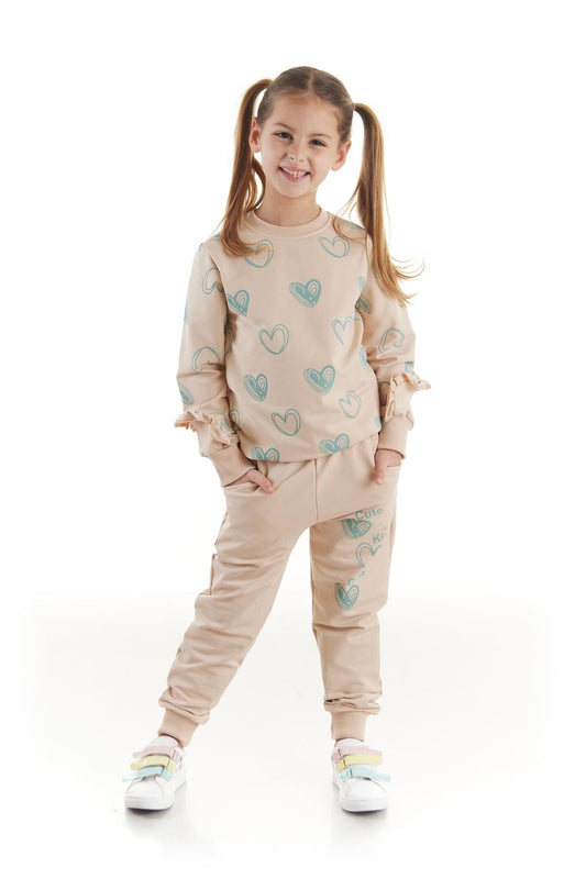 Kids Girls Tracksuit Set Heart Printed Bottom Top Two Piece Set Cotton Seasonal Ak2503