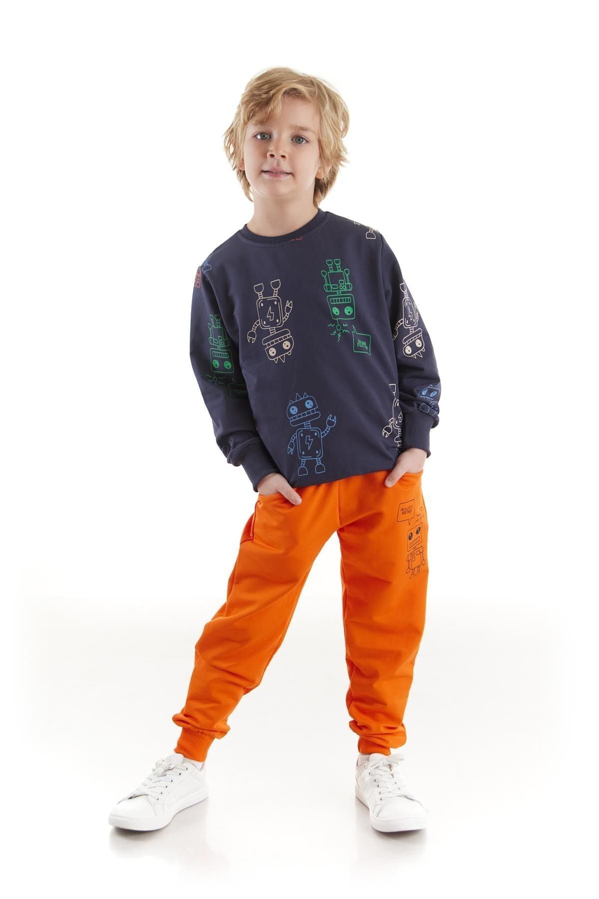 Kids Boys Tracksuit Set Robot Printed Bottom Top Double Set Cotton Seasonal Ak2506