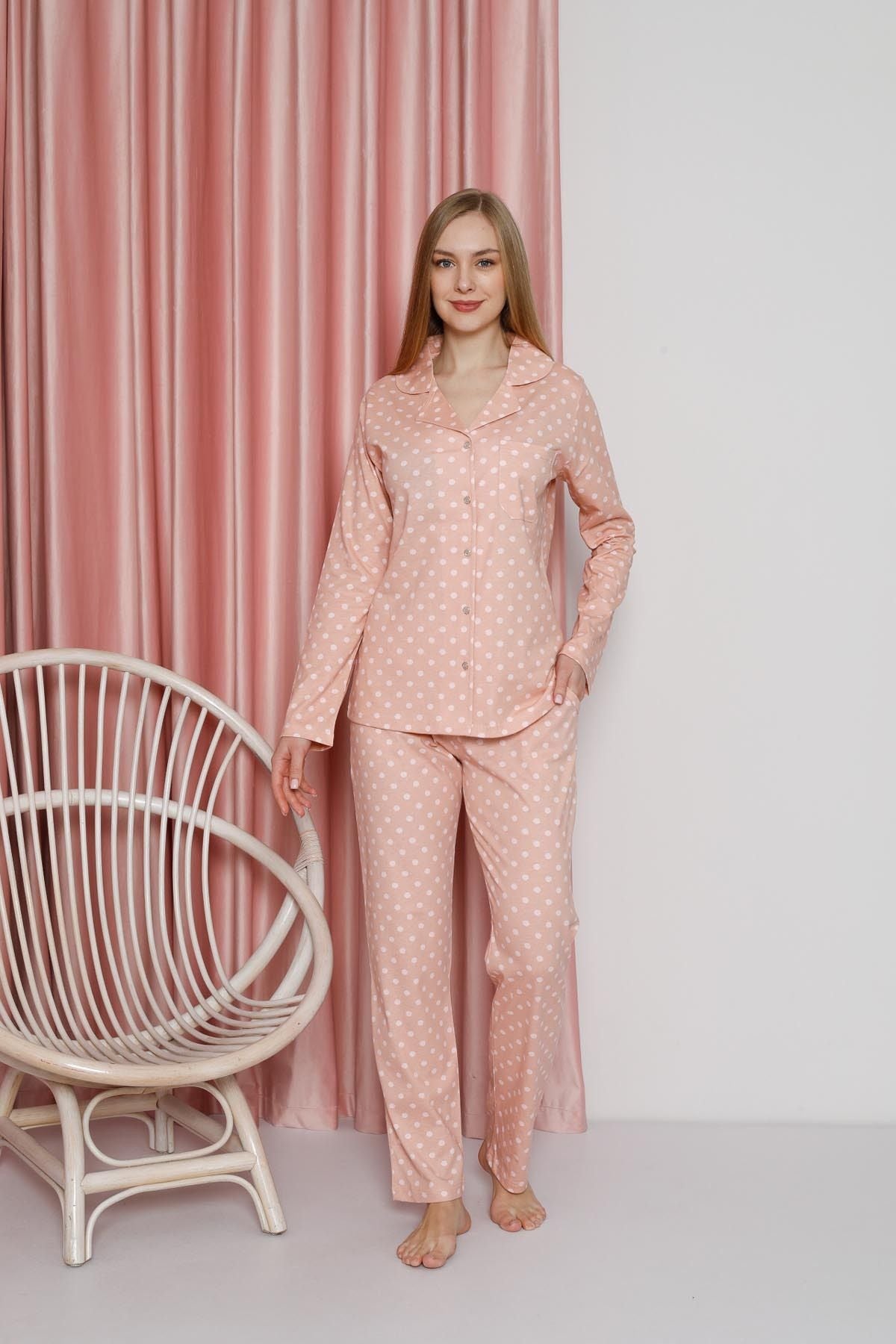 Women's Pajama Set Single Jersey Long Sleeve Polka Dot Neck Button Pockets Cotton Seasonal W20612304