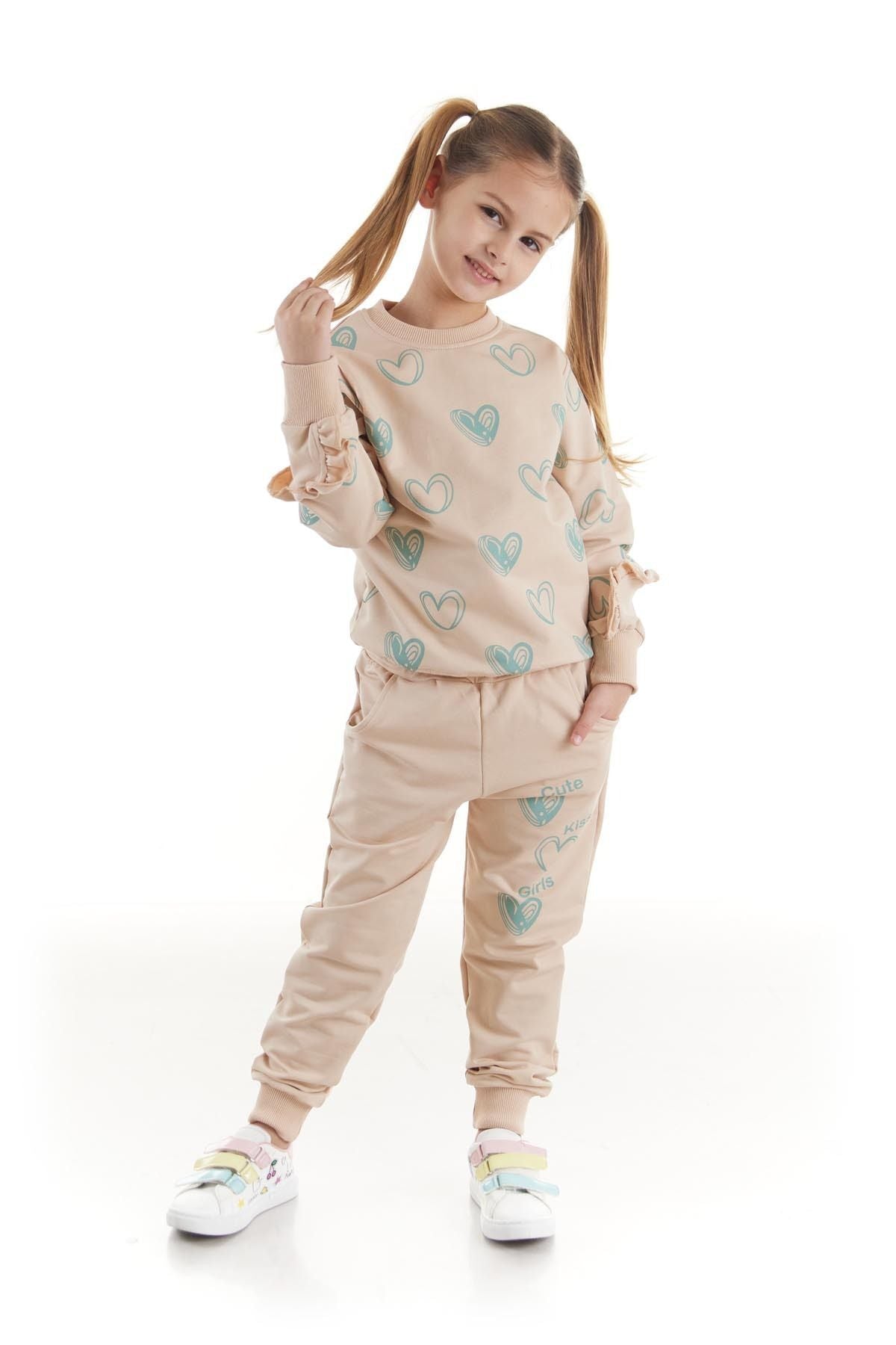 Kids Girls Tracksuit Set Heart Printed Bottom Top Two Piece Set Cotton Seasonal Ak2503