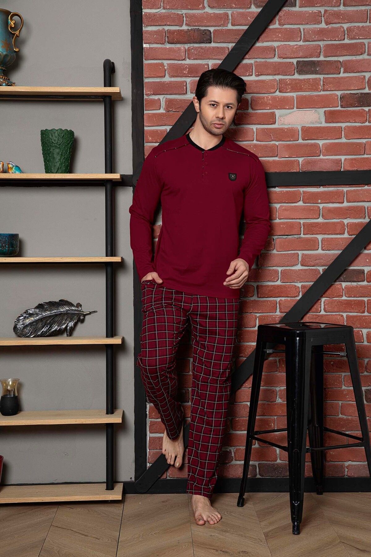 Men's Pajama Set Plaid Long Sleeve Buttoned Crest Cotton M58392338