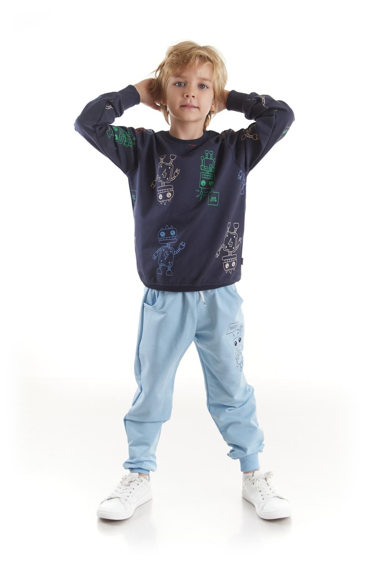 Kids Boys Tracksuit Set Robot Printed Bottom Top Double Set Cotton Seasonal Ak2506