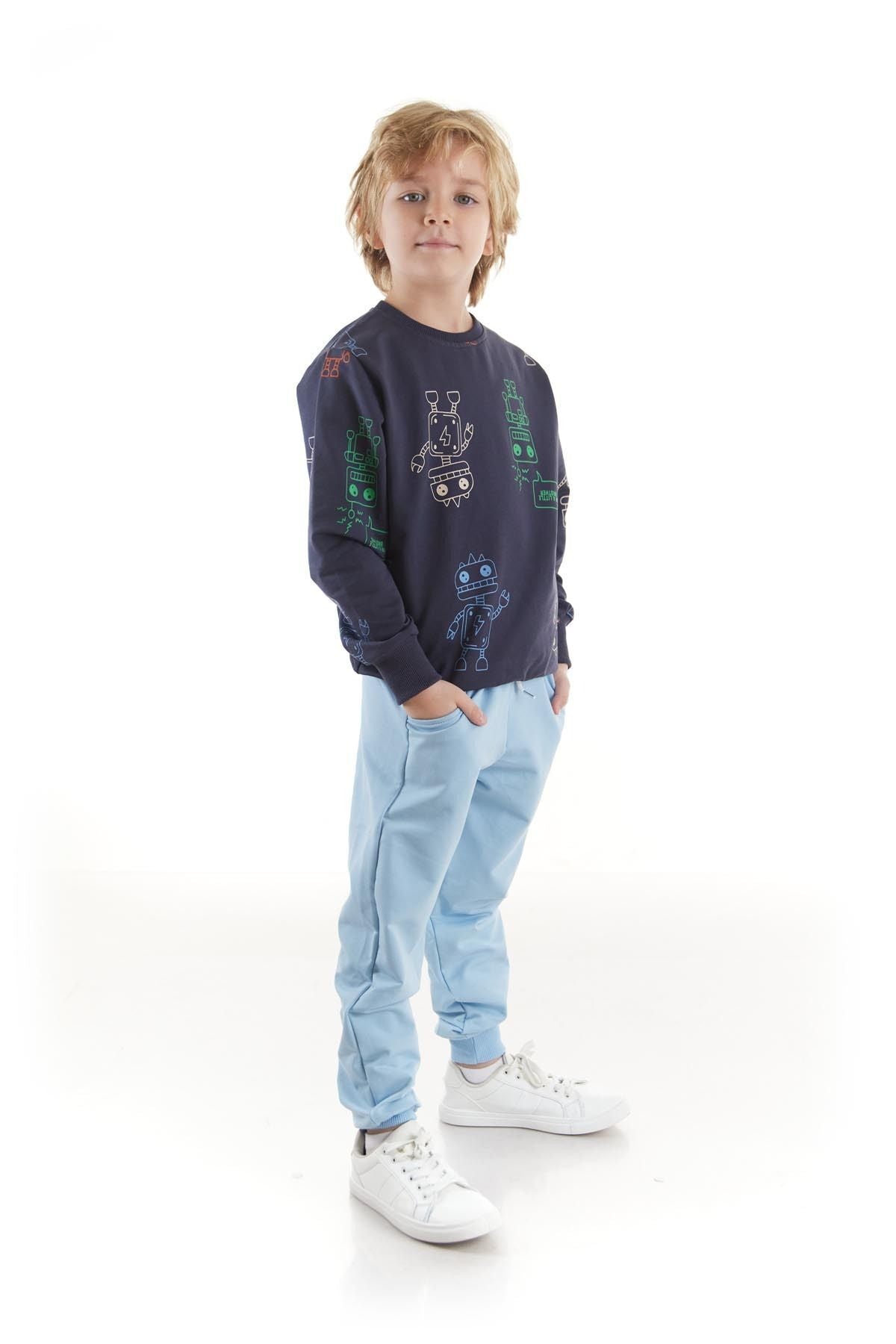 Kids Boys Tracksuit Set Robot Printed Bottom Top Double Set Cotton Seasonal Ak2506