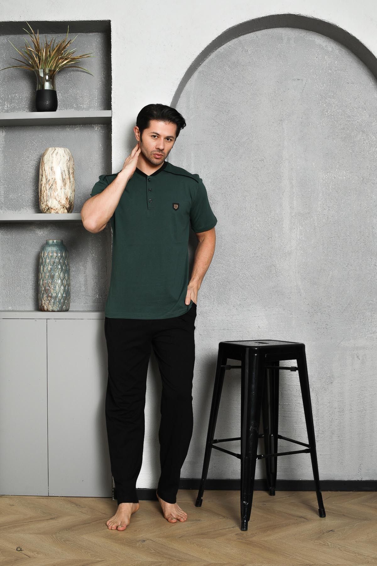 Men's Pajama Set Short Sleeve Summer Single Jersey Buttoned Shoulder Padded Crest Cotton M58302309