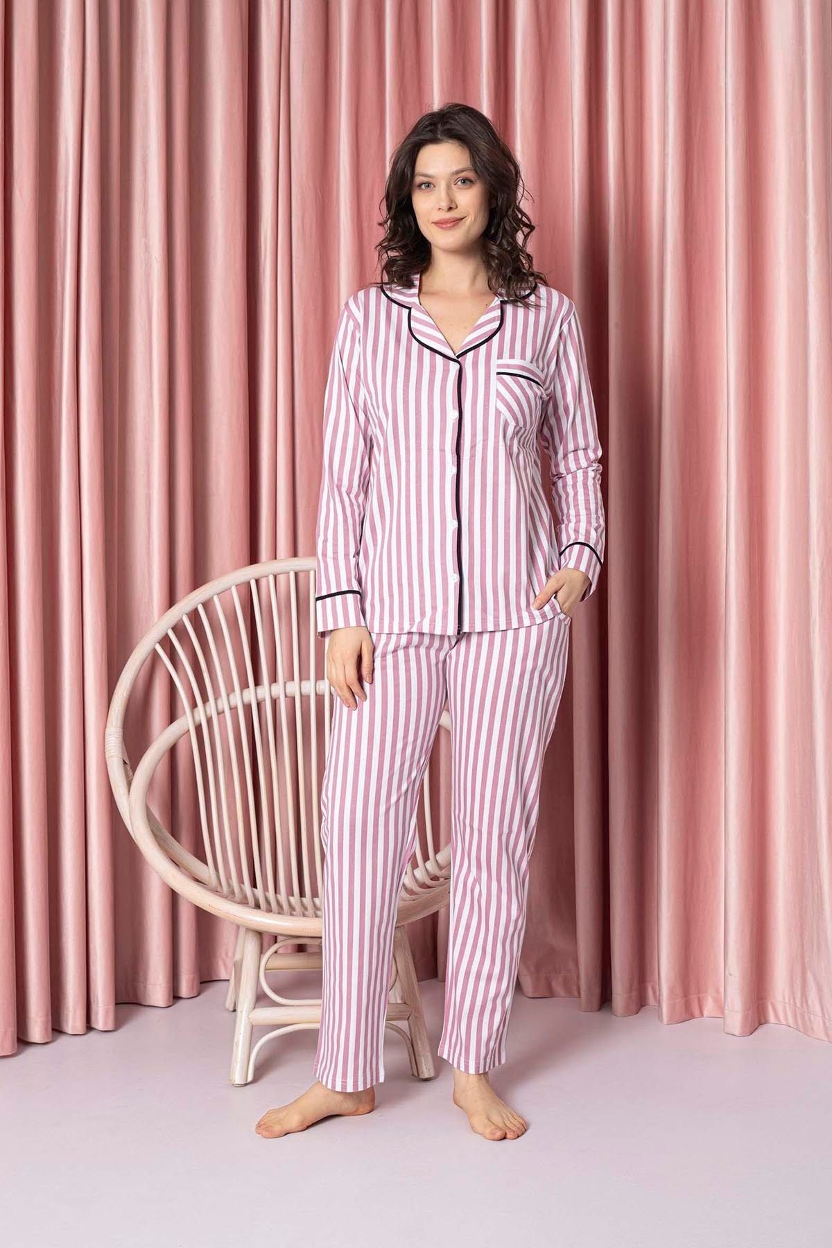 Women's Pajama Set Single Jersey Long Neck Striped Baby Collar Neck Button Cotton Seasonal W20592298