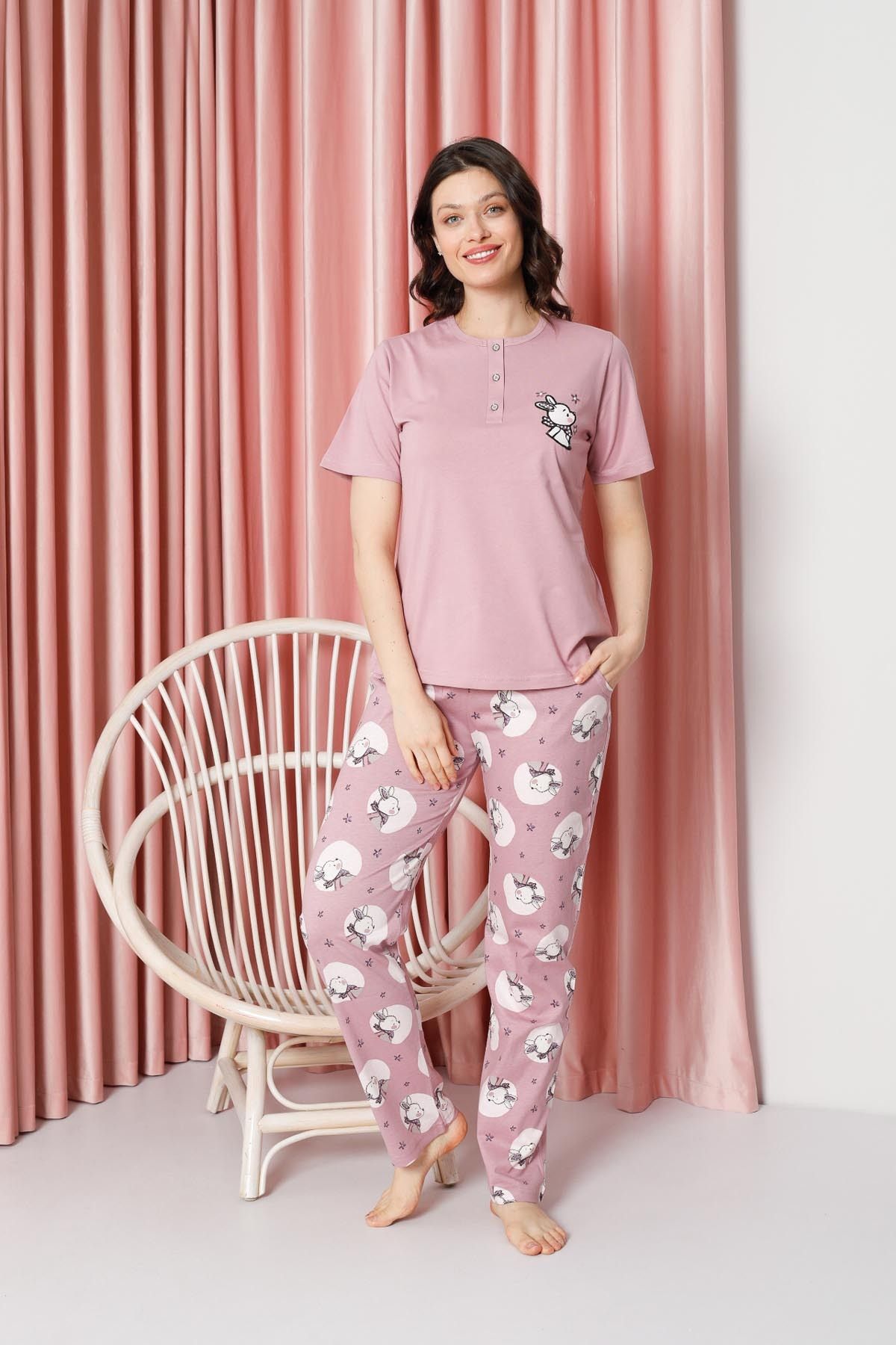 Women's Pajama Set Short Sleeve Rabbit Print Cotton Single Jersey W20642317