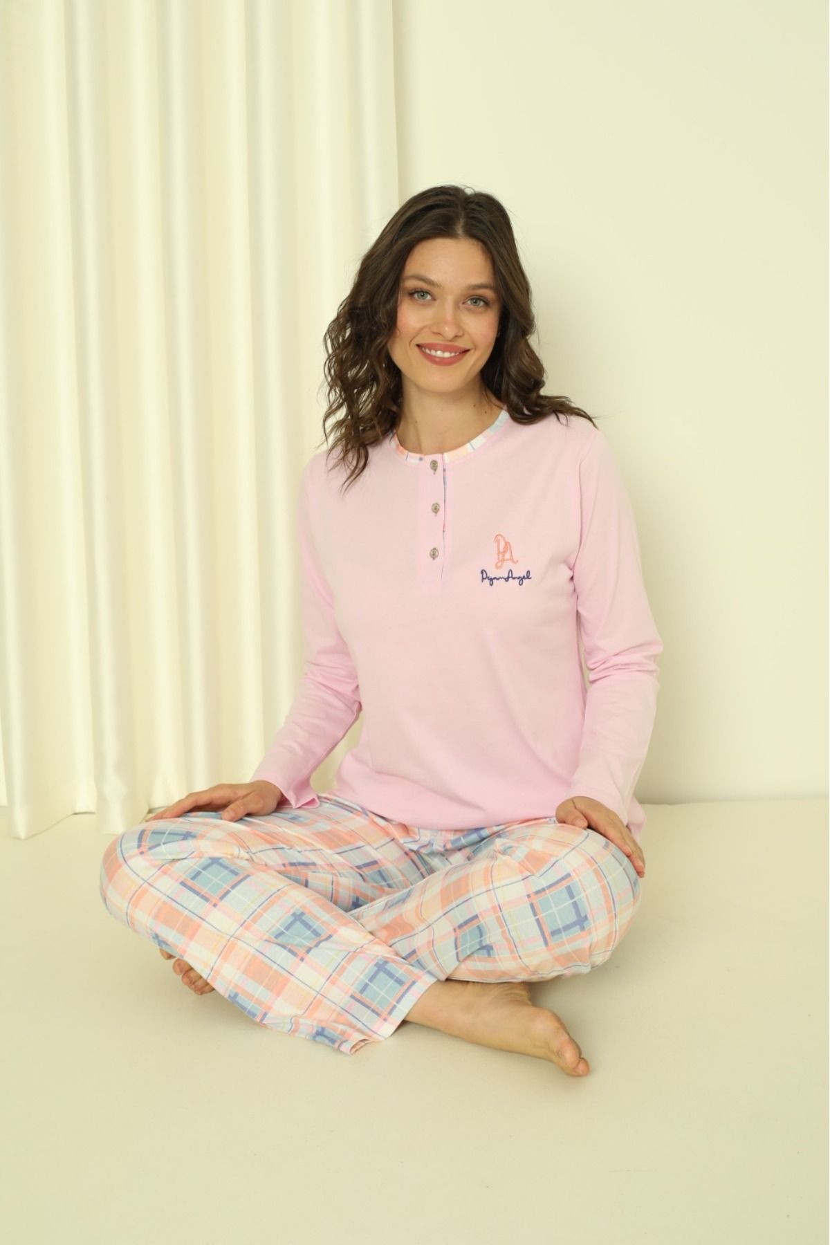 Women's Pajama Set Single Jersey Long Sleeve Under Sleeve Plaid Cotton Seasonal W20302244