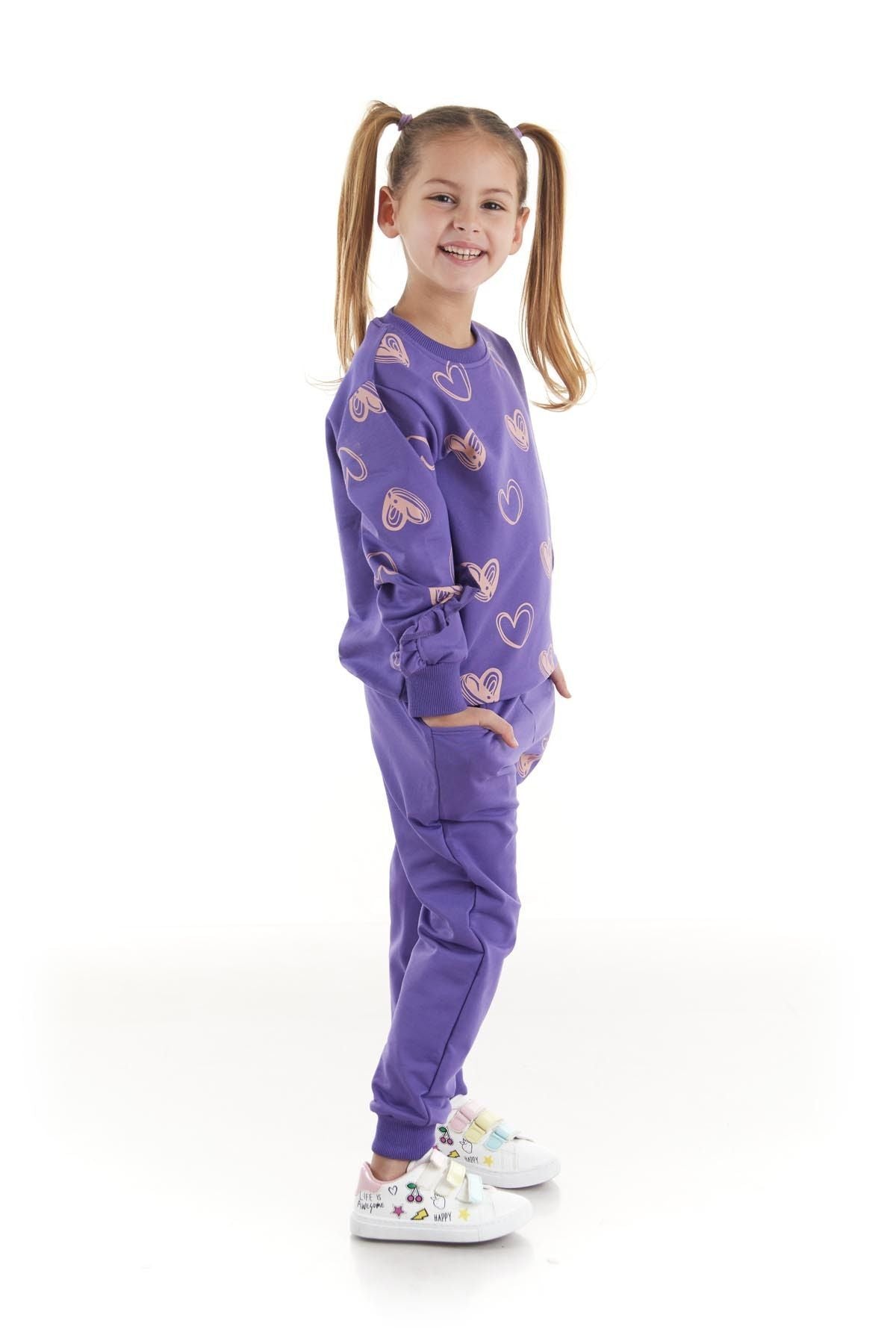 Kids Girls Tracksuit Set Heart Printed Bottom Top Two Piece Set Cotton Seasonal Ak2503