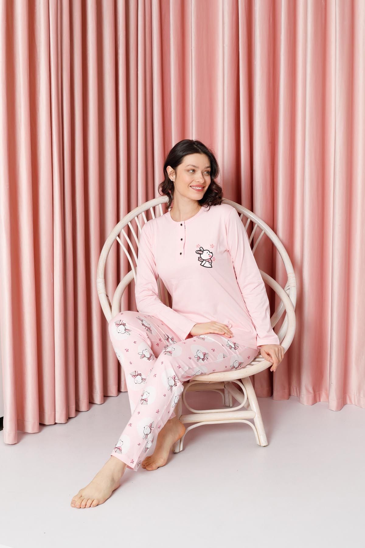 Women's Pajama Set Long Sleeve Rabbit Print Cotton Single Jersey W20632316