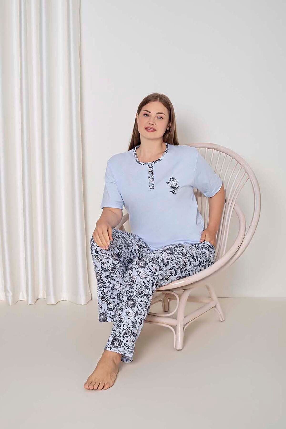 Women's Pajama Set Battal Single Jersey Short Sleeve Big Rose Pattern Cotton W40052349