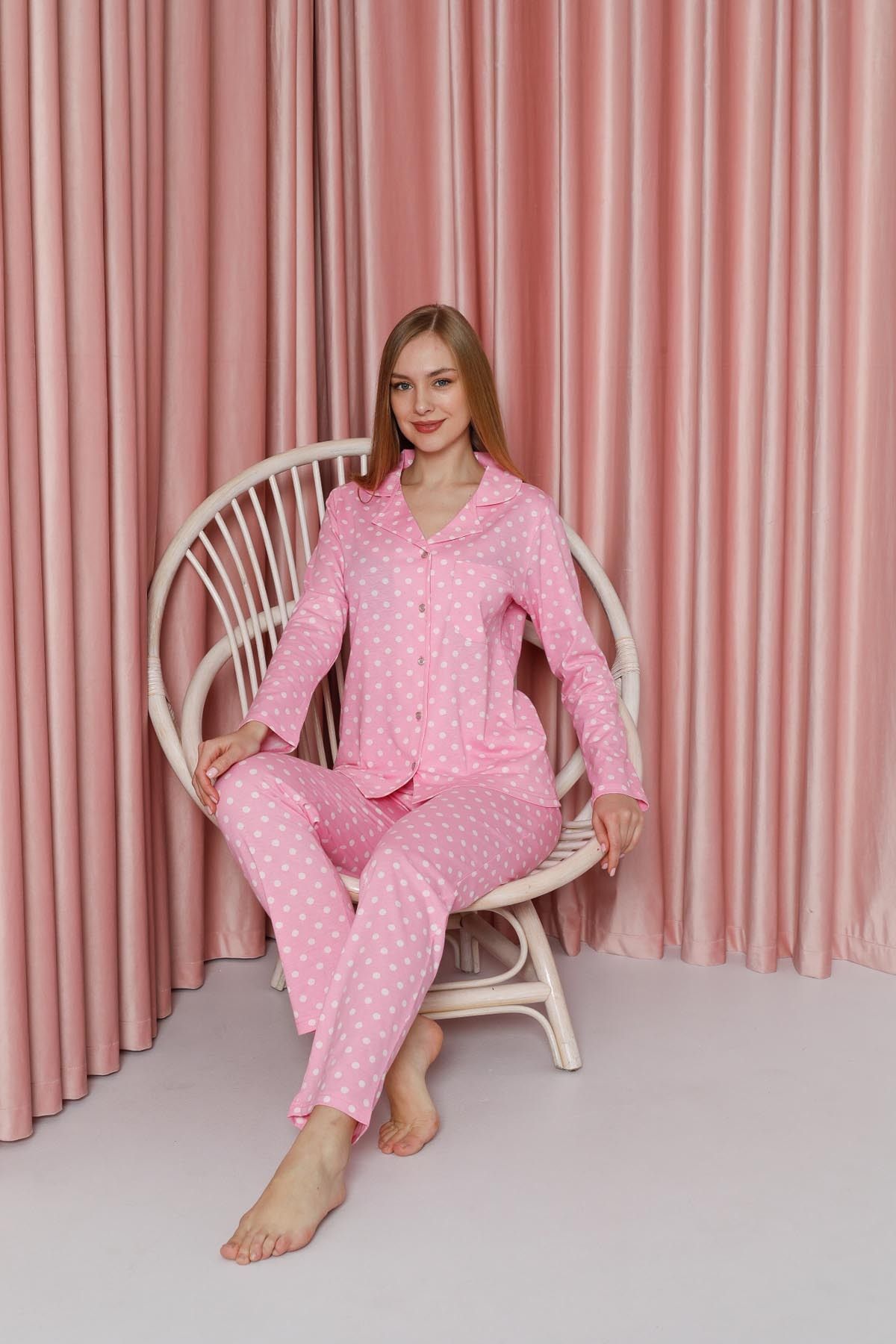 Women's Pajama Set Single Jersey Long Sleeve Polka Dot Neck Button Pockets Cotton Seasonal W20612304