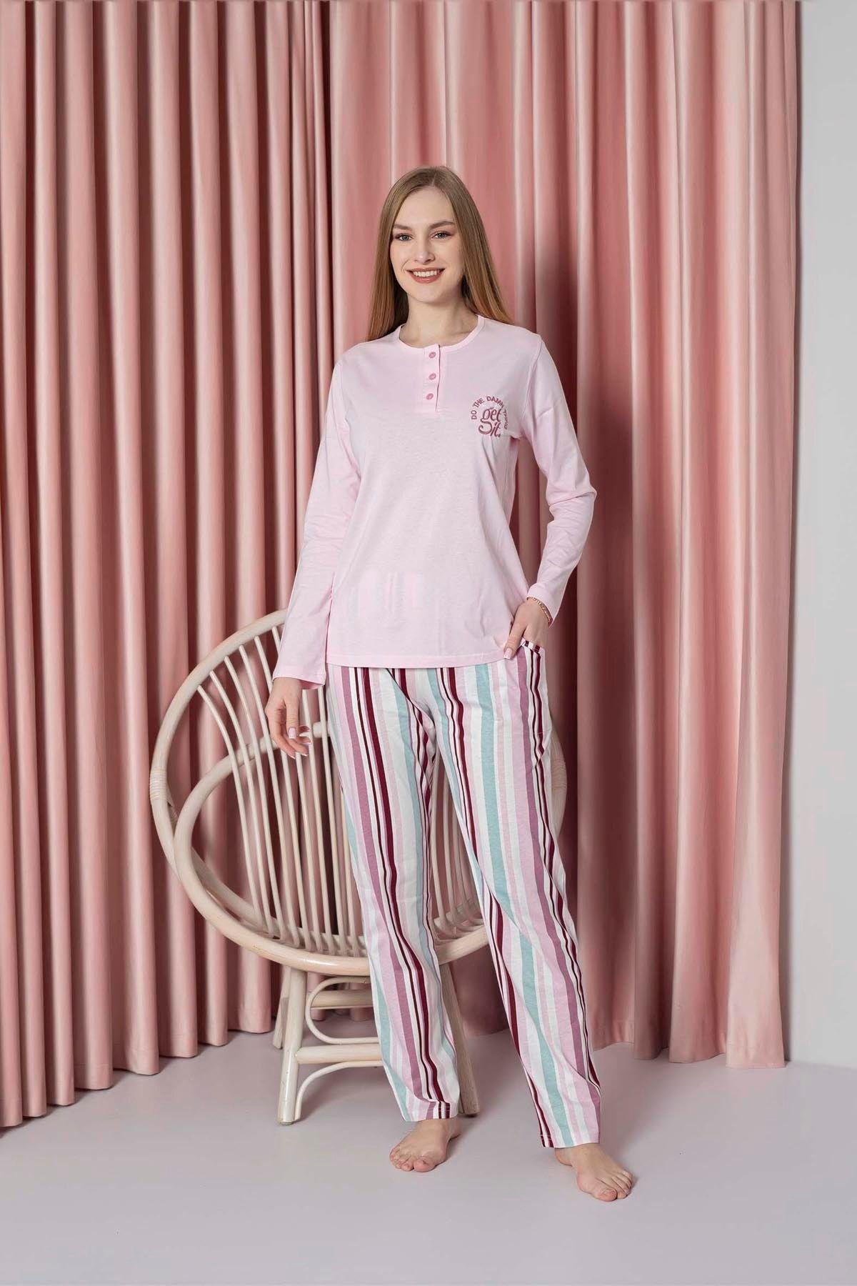 Women's Pajama Set Single Jersey Long Sleeve Bottom Stripe Chest Embroidery Cotton W20712327