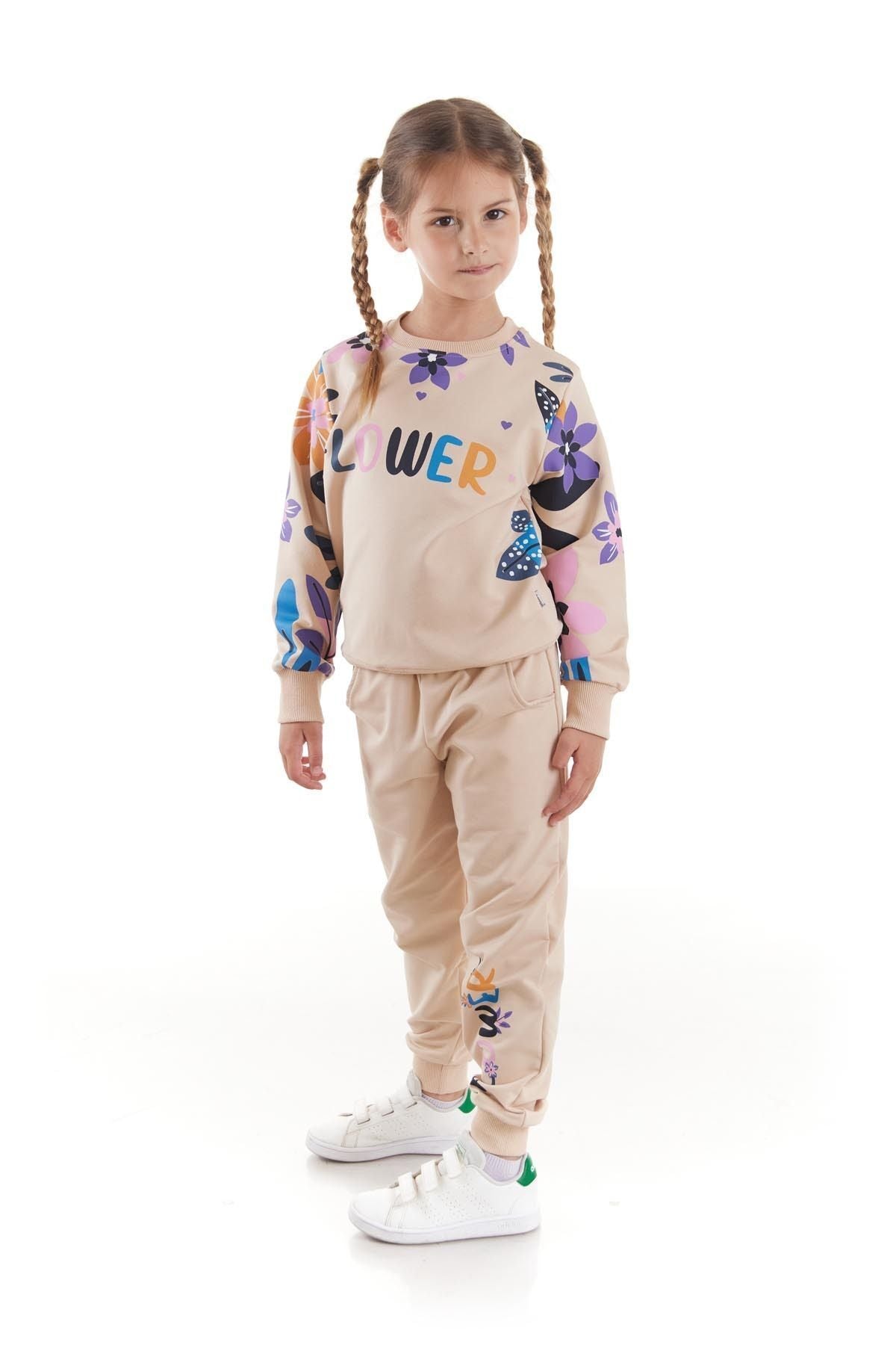 Girl's Tracksuit Set Flower Printed Bottom Top Double Set Cotton Seasonal Ak2505