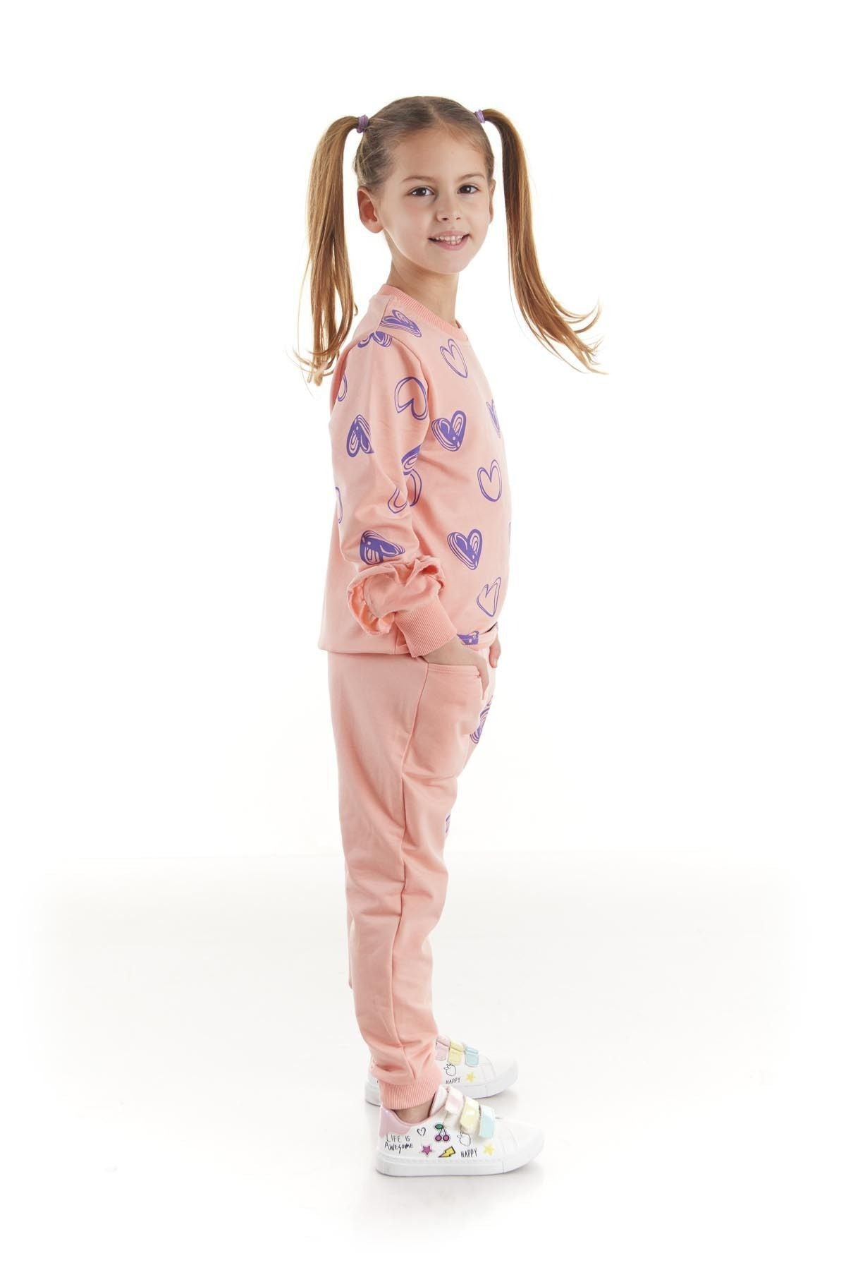 Kids Girls Tracksuit Set Heart Printed Bottom Top Two Piece Set Cotton Seasonal Ak2503