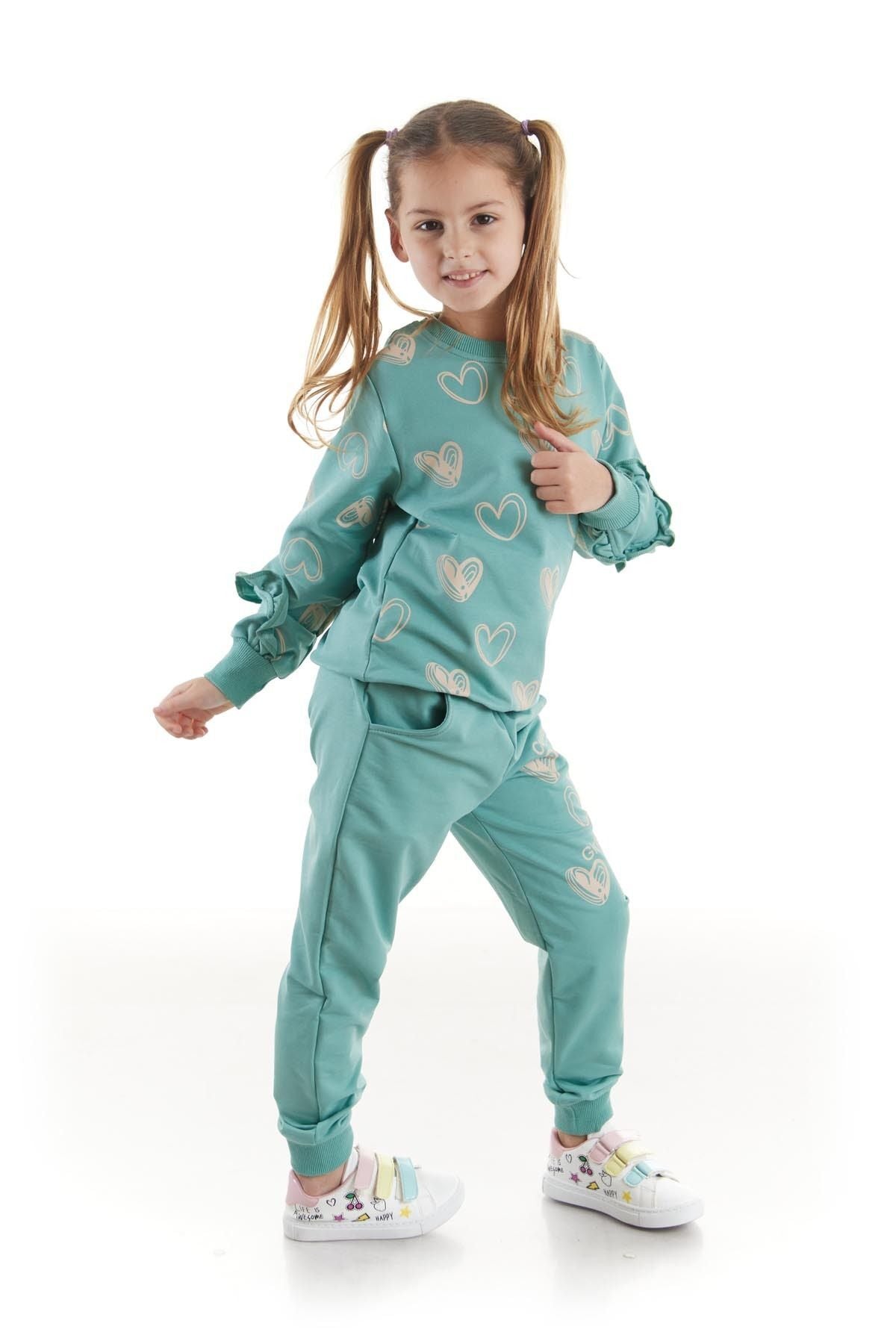 Kids Girls Tracksuit Set Heart Printed Bottom Top Two Piece Set Cotton Seasonal Ak2503