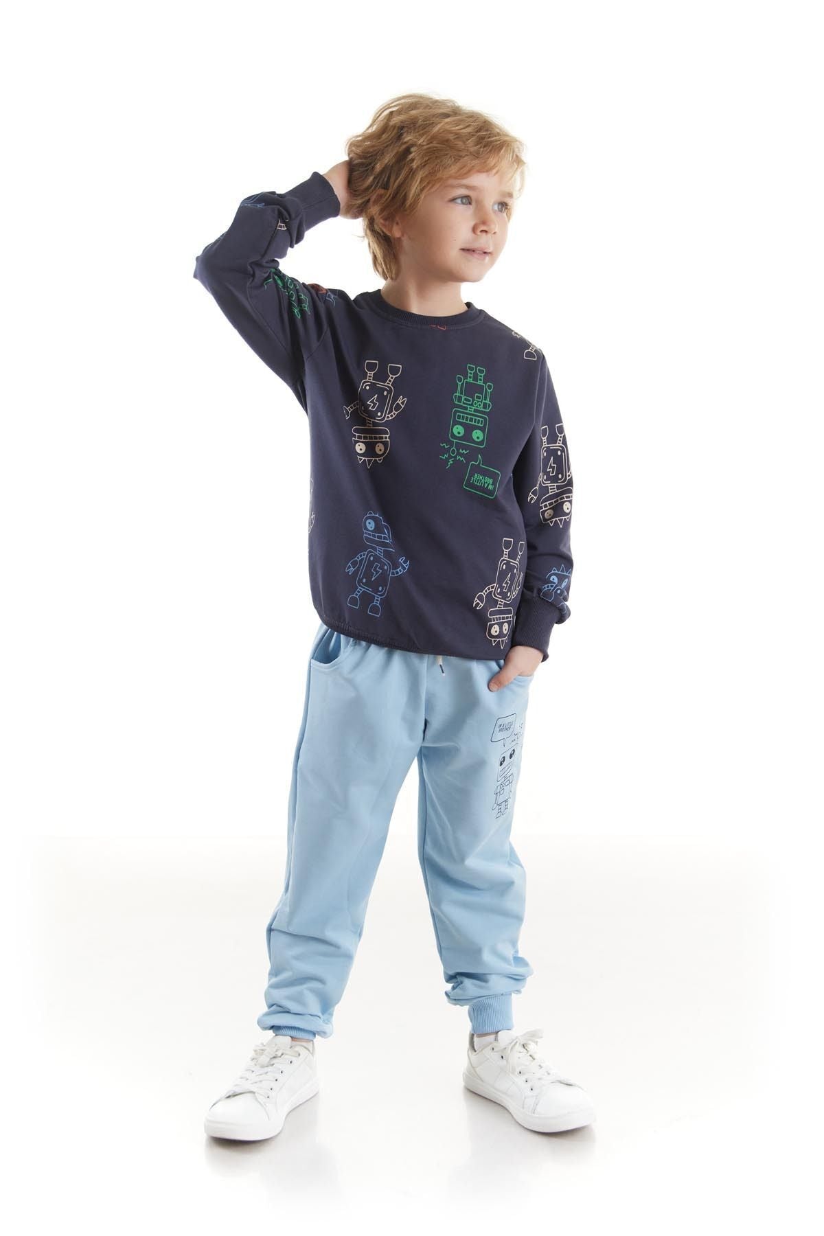 Kids Boys Tracksuit Set Robot Printed Bottom Top Double Set Cotton Seasonal Ak2506