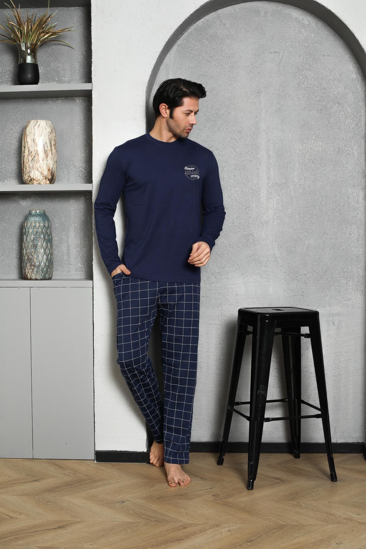 Men's Pajama Set Long Sleeve Single Jersey Plaid Chest Embroidered Cotton Seasonal M58272306