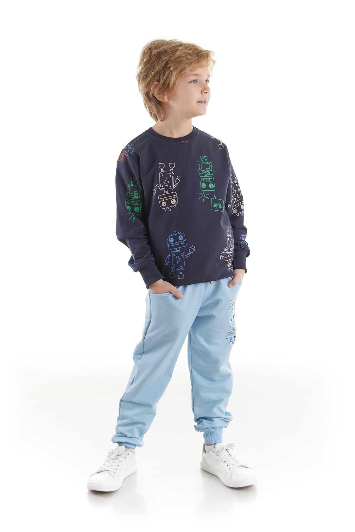 Kids Boys Tracksuit Set Robot Printed Bottom Top Double Set Cotton Seasonal Ak2506